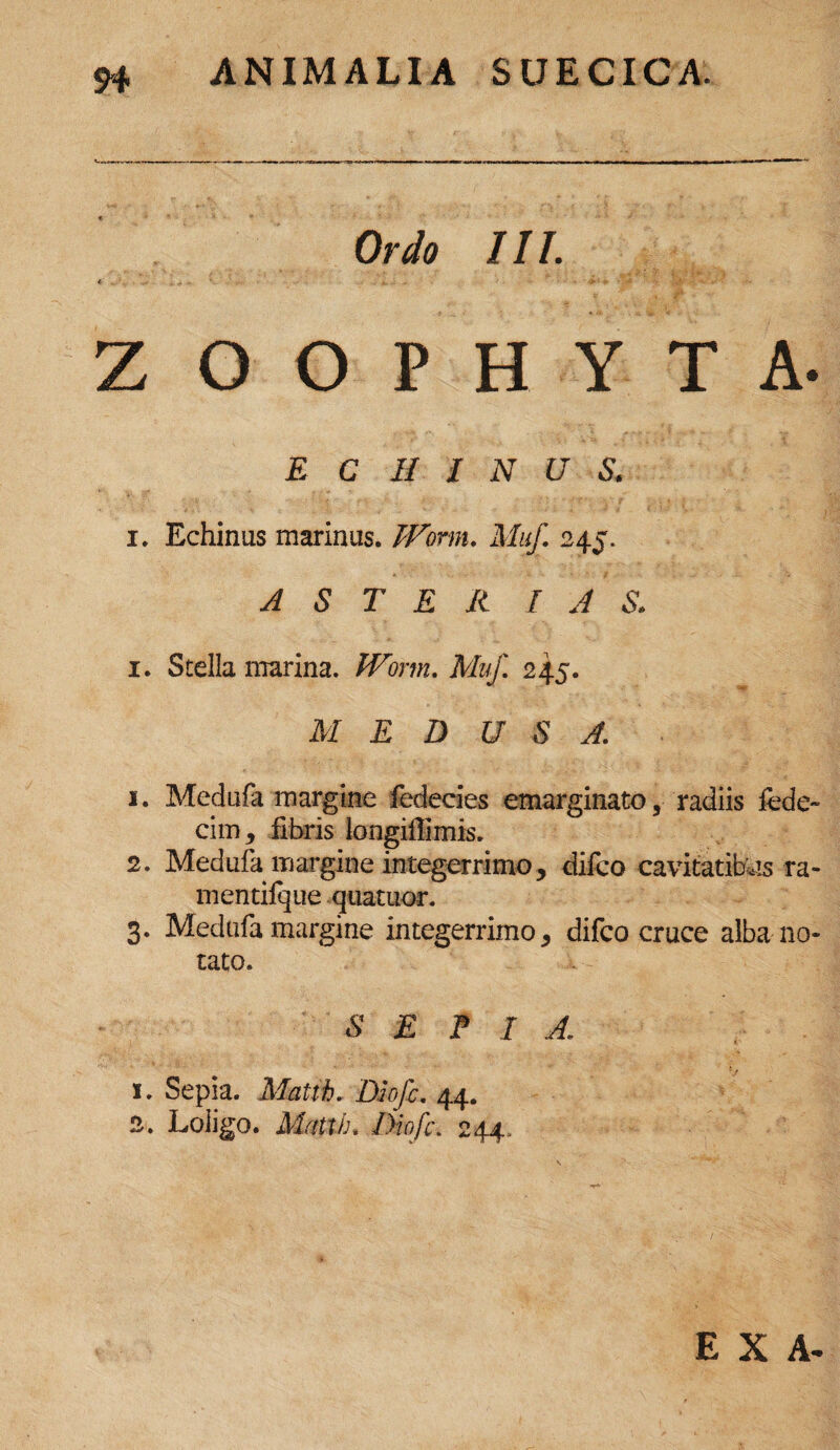 Ordo III. ZOOPHYTA- E C II I N U S. i. Echinus marinus. PForrn. Muf. 245. ASTER I A S. 1. Stella marina. fVorm. Muf. 245. M E D U S A. 1. Medufa margine fedecies emarginato, radiis fede~ cim, fibris longiffimis. 2. Medufa margine integerrimo, dilco cavitatibus ra- mentifque quatiior. 3. Medufa margine integerrimo, difco cruce alba no¬ tato. SEPI A,. 1. Sepia. Matth. Diofc. 44. 2. Loligo. Matth. Diofc. 244.