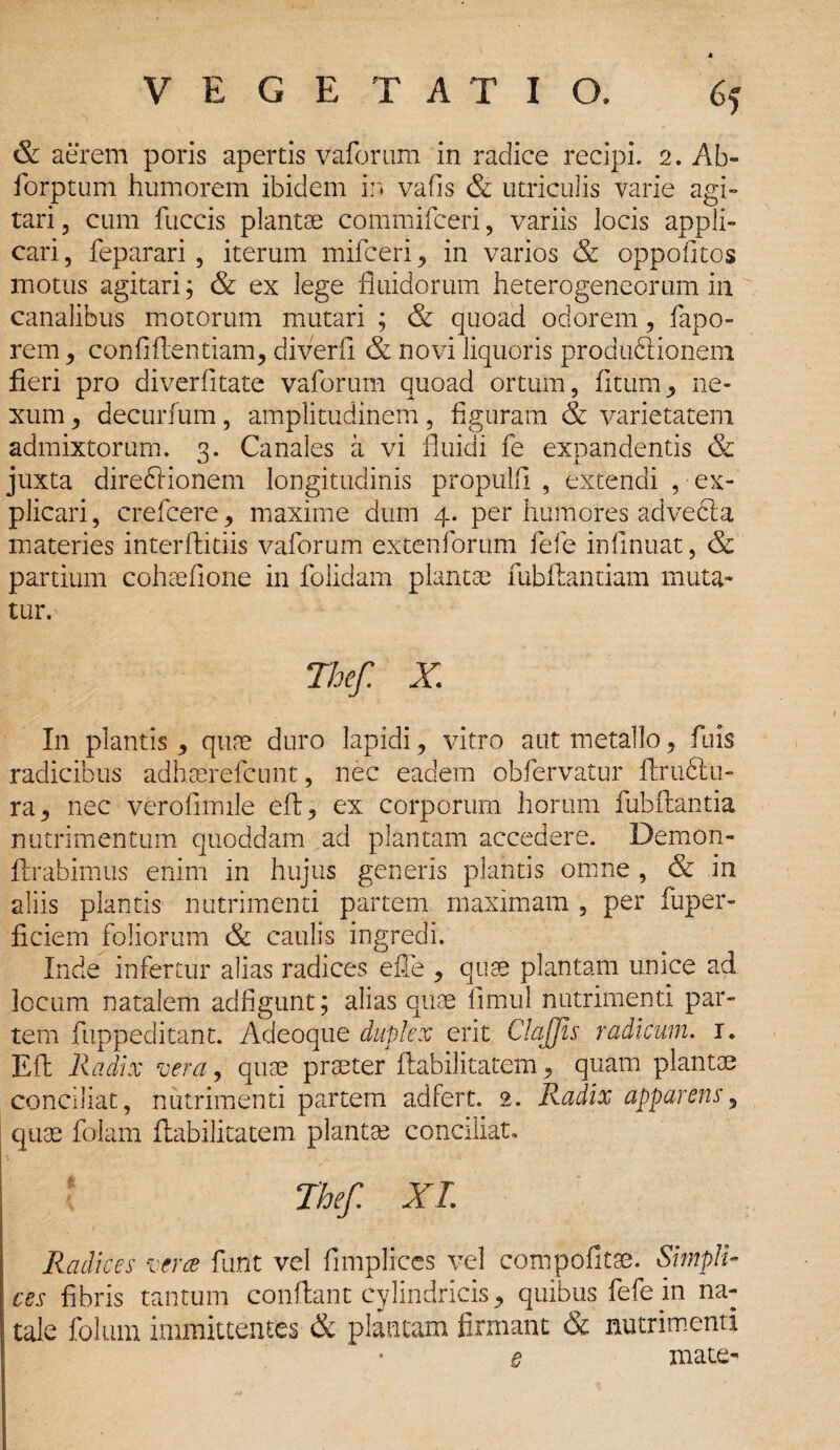 & aerem poris apertis vaforum in radice recipi. 2. Ab- forptum humorem ibidem in vafis & utriculis varie agi-» tari ? cum fuccis plantae commifceri, variis locis appli¬ cari, feparari , iterum mifceri, in varios & oppofitos motus agitari; & ex lege fluidorum heterogeneorum in canalibus motorum mutari ; & quoad odorem, fapo- rem, confidentiam* diverfi & novi liquoris produdlionem fieri pro diverfitate vaforum quoad ortum, dtum* ne¬ xum * decurfum, amplitudinem, figuram & varietatem admixtorum. 3. Canales a vi fluidi fe expandentis & juxta diredlionem longitudinis propulfi , extendi , ex¬ plicari , crefcere* maxime dum 4. per humores advedla materies interdidis vaforum extenforum fefe infinuat, & partium cohaefione in folidam plantae fubdantiam muta¬ tur. Thef. X. In plantis * quae duro lapidi * vitro aut metallo, fuis radicibus adhasrefcunt, nec eadem obfervatur drudlu- ra* nec verofimile efb ^ ex corporum horum fubdantia nutrimentum quoddam ad plantam accedere. Demon- ftrabimus enim in hujus generis plantis omne, & in aliis plantis nutrimenti partem maximam , per fuper- ficiem foliorum & caulis ingredi. Inde infertur alias radices efie * quae plantam unice ad locum natalem adfigunt; alias quae fimul nutrimenti par¬ tem fuppeditant. Adeoque duplex erit ClaJJis radicum, r. Efb Radix vera, quae praeter Habilitatem* quam plantae conciliat, nutrimenti partem adfert. 2. Radix apparens5 quae falam Habilitatem plantae conciliat, Thef. XI Radices verre funt vel fimplices vel compofitae. Simpli¬ ces fibris tantum condant cylindricis * quibus fefe in na¬ tale folum immittentes & plantam firmant & nutrimenti e mate-