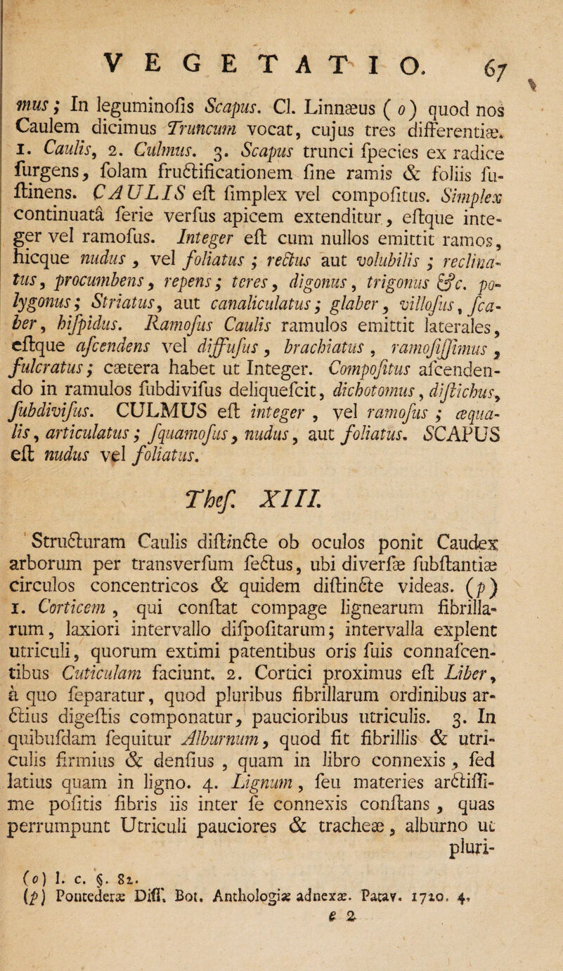 Caulem dicimus Truncum vocat, cujus tres differentiae, i. Caulis, 2. Culmus. 3. Scapus trunci fpecies ex radice furgens, folam fruftificationem fine ramis & foliis fu- ftinens. CAULIS eft fimplex vel compofitus. Simplex continuata ferie verfus apicem extenditur , eftque inte¬ ger vel ramofus. Integer eft cum nullos emittit ramos, hicque nudus , vel foliatus ; rectus aut volubilis ; reclina¬ tus , procumbens, repens; teres, digonus, trigonus &c. po~ lygonus; Striatus, aut canaliculatus; glaber, villofus, fca- ber, hifpidus. Ramofus Caulis ramulos emittit laterales, eftque afcendens vel dijfufus, brachiatus , ramofijfimus , fulcratus; caetera habet ut Integer. Co?npofuus afcenden- do in ramulos fubdivifus deliquefcit, dichotornus, diftichus, fubdivifus. CULMUS eft integer , vel ramofus ; cequa- Us, articulatus; fquamofus , nudus, aut foliatus. tSCAPUS eft ««J&r vel foliatus. Thef. XIII; Strudluram Caulis diftin&e ob oculos ponit Caudex arborum per transverfum feftus, ubi diverfae fubftantise Circulos concentricos & quidem diffindi e videas. (?) 1. Corticem , qui conftat compage lignearum fibrilla» rum, laxiori intervallo difpofitarum; intervalla explent utriculi, quorum extimi patentibus oris ftiis connafcen- tibus Cuticulam faciunt. 2. Cortici proximus eft Liber ^ a quo feparatur, quod pluribus fibrillarum ordinibus ar- dtius digeftis componatur, paucioribus utriculis. 3. In quibufdam fequitur Alburnum, quod fit fibrillis & utri¬ culis firmius & denfius , quam in libro connexis , fed latius quam in ligno. 4. Lignum, feu materies ardiiffi- me pofitis fibris iis inter le connexis conflans, quas perrumpunt Utriculi pauciores & tracheae, alburno ut pluri- (0) I. c. §. 81. (pj Pontedene Difli Bot. Andiologia; adnexse. Pacav. 1710, 4,