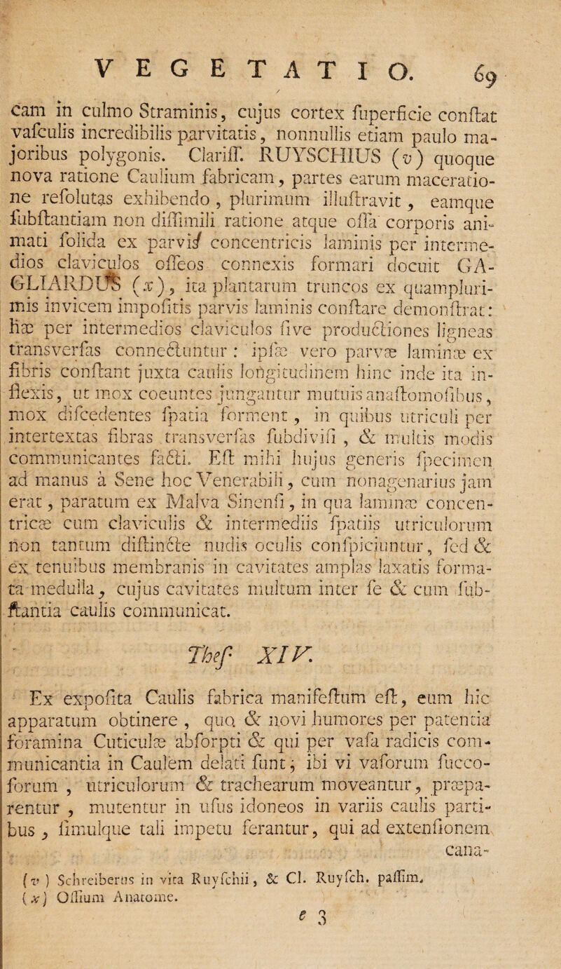 cam in culmo Straminis, cujus cortex fuperficie conflat vafculis incredibilis parvitatis, nonnullis etiam paulo ma¬ joribus polygonis. Clariff. RUYSCHIUS (v) quoque nova ratione Caulium fabricam, partes earum maceratio¬ ne refolutas exhibendo , plurimum illuflravit , eamque iubftantiam non diffimili ratione atque offa corporis ani- mati folida ex parvi/ concentricis laminis per interme¬ dios claviculos ofleos connexis formari docuit GA- GLIARDlft (x) , ita plantarum truncos ex quampluri- mis invicem impofitis parvis laminis conflare demonftrat: Kae per intermedios claviculos fi ve productiones ligneas transverfas conneftuntur : ipfse vero parvae laminae ex fibris conflant juxta caulis loAgitudinein hinc inde ita in¬ flexis , ut mox coeuntes jungantur mutuis anaftomofibus, mox difcedentes fpatia forment, in quibus utriculi per intertextas fibras transverfas fubdivifi , & multis modis communicantes fabli. Efl mihi hujus generis fpecinien ad manus a Sene hoc Venerabili, eum nonagenarius jam erat, paratum ex Malva Sinenfi, in qua laminas concen¬ tricae cum claviculis & intermediis fpatiis utriculorum non tantum diflincle nudis oculis confpiciuntur, fed & ex tenuibus membranis in cavitates amplas laxatis forma¬ ta medulla , cujus cavitates multum inter fe & cum fub- ftantia caulis communicat. Thef XIV. Ex expofita Caulis fabrica manifefhim efl, eum hic apparatum obtinere , quo. & novi humores per patentia foramina Cuticulae abforpti & qui per vafa radicis com¬ municantia in Caulem delati funt; ibi vi vaforum fucco- forum , utriculorum & trachearum moveantur, praepa¬ rentur , mutentur in ufus idoneos in variis caulis parti¬ bus , fimulque tali impetu ferantur, qui ad extentionem cana'- (v ) Schreibcros in vira Kuyfchii, & Cl. Ruyfch. paflim, {x) O ilium A na toni e. * 3