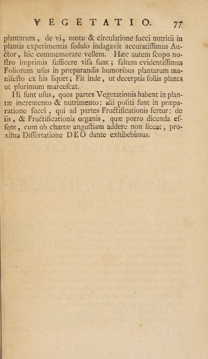 plantarum , de vi , motu & circulatione fucci nutritii in plantis experimentis fedulo indagavit accuratiffimus Au¬ dior , hic commemorare vellem, Htec autem fcopo no- liro imprimis fufficere vifa funt; faltem evidentiffimus Foliorum ufus in praeparandis humoribus plantarum ma- nifeflo exhis liquet; Fit inde, ut decerptis foliis planta ut plurimum marcefcat. Hi funt ufus, quos partes Vegetationis habent in plan¬ tae incremento & nutrimento: alii politi funt in praepa¬ ratione fucci , qui ad partes Frudlificationis fertur: de iis, & Fruftificationis organis, quae porro dicenda ef- fent, cum ob chartae angufliam addere non liceat, pro¬ xima Diflertatione D E 6 dante exhibebimus. i