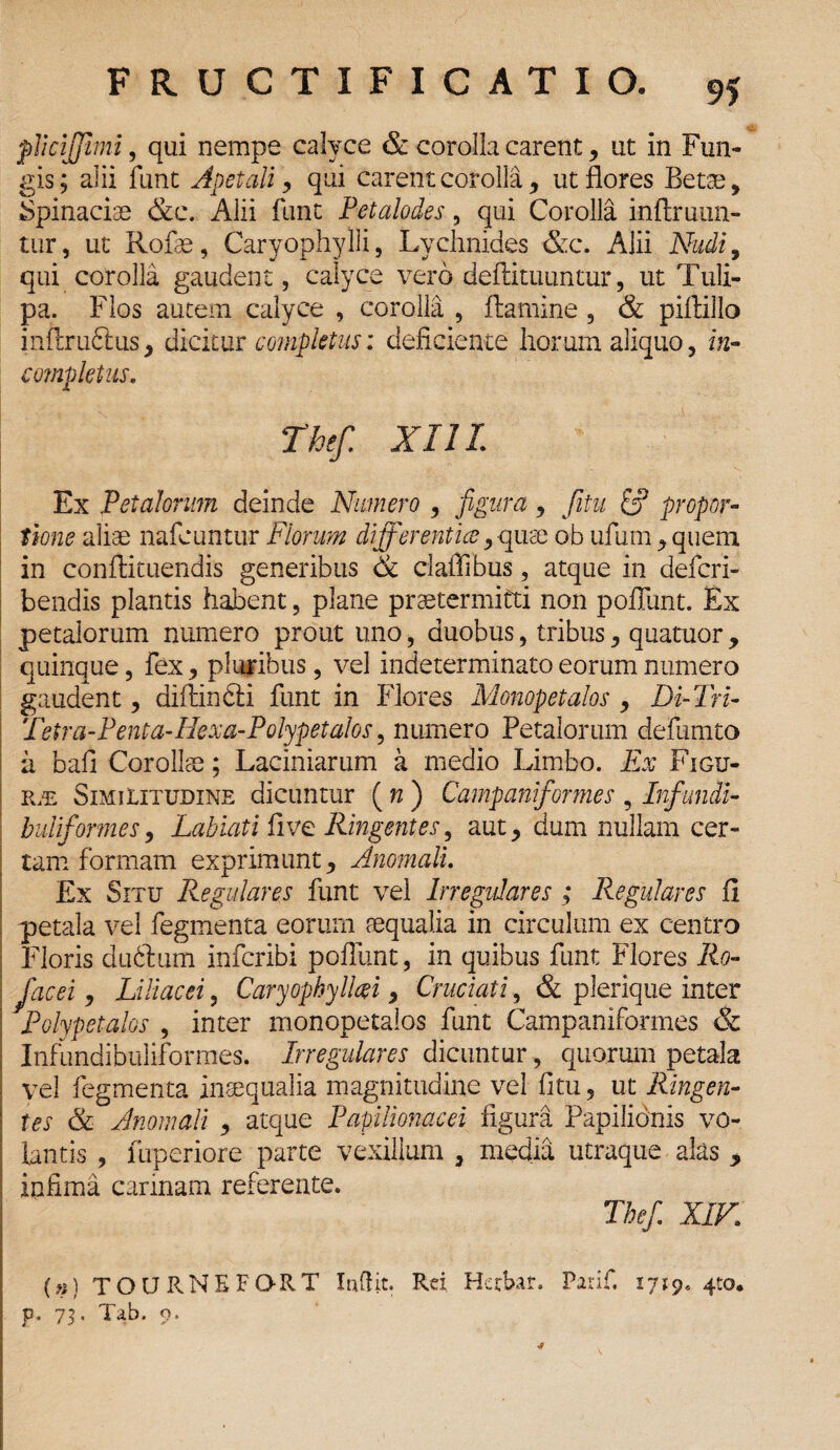 plicijjlmi, qui nempe calyce & corolla carent, ut in Fun¬ gis; alii funt Apetali, qui carent corolla, ut flores Betas, Spinaciae &c. Alii funt Petalodes, qui Corolla inftruun- tur, ut Rofae, Caryophylli, Lychnides &c. Alii Nudi, qui corolla gaudent, calyce vero deftituuntur, ut Tuli- pa. Flos autem calyce , corolla , flamine, & piftillo infirubtus, dicitur completus: deficiente horum aliquo, in¬ completus. Thef. XIIL Ex Petalorum deinde Numero , figura, Jitu & propor¬ tione aliae nafcuntur Florum different ice, quae ob ufum ^ quem in conffcicuendis generibus & clailibus, atque in defcri- bendis plantis habent, plane praetermitti non poflunt. Ex petalorum numero prout uno, duobus, tribus, quatuor , quinque, fex, pluribus, vel indeterminato eorum numero gaudent, diflmcti funt in Flores Monopetalos , Di-Tri- Tetra-Penta-Hexa-Polypetalos, numero Petalorum defumto ii bafi Corollae; Laciniarum a medio Limbo. Ex Ficu¬ um Similitudine dicuntur ( n ) Campaniformes , Infundi- buliformes, Labiati fi ve Ringentes, aut, dum nullam cer¬ tam formam exprimunt, Anomali. Ex Situ Regulares funt vel Irregulares ; Regulares fi petala vel fegmenta eorum aequalia in circulum ex centro Floris dubium infcribi poliunt , in quibus funt Flores Ro- Jacei, Liliacei, Caryophylhi, Cruciati, & plerique inter Polypetalos , inter monopetalos funt Campaniformes & Infundibuliformes. Irregulares dicuntur, quorum petala vel fegmenta inaequalia magnitudine vel fitu, ut Ringen¬ tes & Anomali , atque Papilionacei figura Papilionis vo¬ lantis , fuperiore parte vexillum , media utraque alas > infima cannam referente. Thefi XIV. (») TQURNKFQRT Indit. Rei. Hecbar. Parif. 1719. 410. p. 73. Tab. 9.