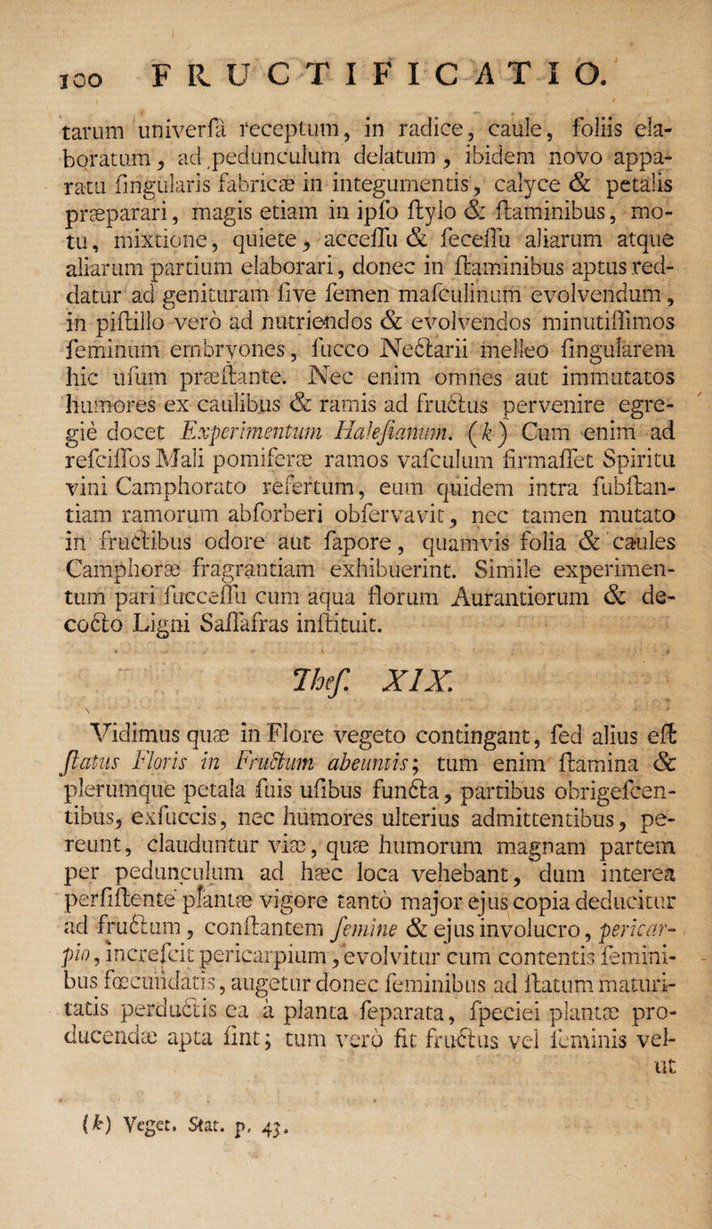 ICO tarum univerfa receptum, in radice, caule, foliis ela¬ boratum , ad pedunculum delatum , ibidem novo appa¬ ratu fingularis fabricae in integumentis, calyce & petalis praeparari, magis etiam in ipfo flylo & flaminibus, mo¬ tu , mixtione, quiete, acceffu & feceffu aliarum atque aliarum partium elaborari, donec in flaminibus aptus red¬ datur ad genituram live femen mafculinum evolvendum, in piflillo vero ad nutriendos & evolvendos minutiffimos feminum embryones, fucco Neftarii melleo lingularem hic ufum prae flante. Nec enim omnes aut immutatos humores ex caulibus & ramis ad fructus pervenire egre¬ gie docet Experimentum Halefianimi. {[k) Cum enim ad refciifos Mali pomiferae ramos vafculum firmaffet Spiritu vini Camphorato refertum, eum quidem intra fubftan- tiam ramorum abforberi obfervavit, nec tamen mutato in fructibus ociore aut lapore, quamvis folia & caules Camphorse fragrantiam exhibuerint. Simile experimen¬ tum pari fucceflli cum aqua florum Aurantiorum & de- codlo Ligni Saflafras inilituit. Ihef. XIX \ * > Vidimus quae in Flore vegeto contingant, fed alius eft flatus Floris in Fructum abeuntis; tum enim flamina & plerumque petala filis ufibus funSta , partibus obrigefcen- tibus, exfuccis, nec humores ulterius admittentibus, pe¬ reunt, clauduntur vim, quae humorum magnam partem per pedunculum ad haec loca vehebant, dum interea perfiflente plantae vigore tanto major ejus copia deducitur ad fruftmn, conflantem femine & ejus involucro, pericar- pio, mcrefcit pericarpium , evolvitur cum contentis femini¬ bus foecniklatis, augetur donec feminibus ad flatum maturi¬ tatis perductis ea a planta feparata, fpeciei plantae pro¬ ducendae apta fint; tum vero fit fmCfus vel feminis vel¬ lit (k) Veget. Stat, p, 43.