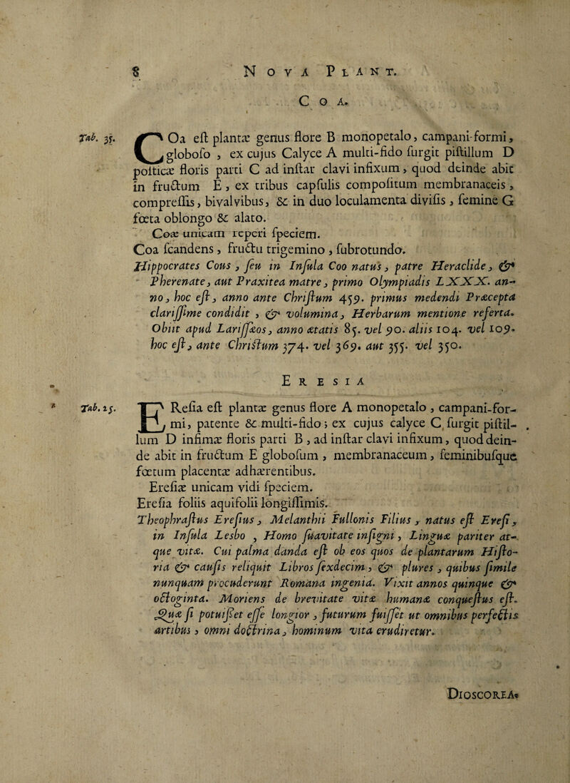 C O A. I Tab. Oa eft plantae genus flore B monopetalo, campani-formi, C . globofo 5 ex cujus Calyce A multi-fido furgit piftillum D poitiCtC floris parti C ad inftar clavi infixum, quod deinde abit in frudum E > ex tribus capfulis compofitum membranaceis , compreflis, bivalvibus, &c in duo loculamenta diyifis , femine G foeta oblongo &c alato. Coa: unicam rcperi fpeciem. Coa fcandens, frudu trigemino , fubrotundo. JJippocrates Cous , feu in Infula Coo natus, patre Heraclide > & Pherenate, aut Praxitea matre > primo Olympiadis LJCJCJC. an¬ no > hoc eftj anno ante Chrijlum 459. primus medendi Praceptd clarijfme condidit , & volumina > Herbarum mentione referta. Obiit apud Larijjaos, anno atatis 85. vel 90. aliis 104. vel 109. hoc eft j ante Chriftum 374. vel 3 69, aut 355. vel 350. E r E s 1 A ?*b. 1$. | f Refia efl: planta: genus flore A monopetalo , campani-for- Jfgj mi, patente Sc multi-fido; ex cujus calyce C furgit piftil- . Ium D infimae floris parti B , ad inftar clavi infixum, quod dein¬ de abit in frudum E globofum , membranaceum, feminibufque foetum placenta: adherentibus. Erefiae unicam vidi fpeciem. Erefia foliis aquifolii longiflimis. Theophraftus Erefius ^ Melanthii Fullonis Filius , natus efl Erefr y in Infria Lesbo , Homo fravitate wfigni, Lingua pariter at¬ que vita. Cm palma danda efl ob eos quos de plantarum Hiflo- na & caufis reliquit Libros fexdecim , & plures > quibus fimtle nunquam procuderunt Romana ingenia. Vixit annos quinque & oFloginta. Monens de brevitate vita humana conqueftus eft. jFfua fi potuifret effe longior , futurum fuijfet ut omnibus perfeflis artibus, omni doftnna> hominum vita erudiretur* Dioscorea*