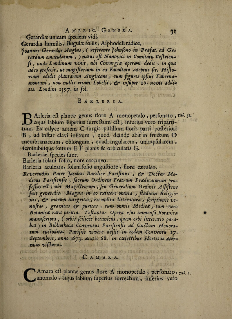 Aperio. Ge-n era. ' Gerardiae unicam fpeciem vidi* Gerardia humilis, Bugulae foliis, Afphodeliradice, foannes Gerardus Anglus y ( referente fohnfono in Prafat. ad Ge- rardum emaculatum , ) natus efi Nantvici in Comitatu Cefirien- fx y unde Londinum venit, Chirurgia operam dedit , in qua adeo profecit, magifterium in ea Facultate adeptus fit. Hiflo- nam edidit plantarum Anglicam > cum figuris ipfius Taberna- montani, wo» wWh* Lobelii, injuper 16. novis addi- tis. Londmi i}97* in foL Barleria, * ■% * BArleria eft plantae genus flore A monopetalo , perfonato , cujus labium fuperius furredum eft, inferius vero triparti¬ tum, Ex calyce autem C furgit piftillum floris parti pofteriori B , ad inftar clavi infixum , quod deinde abit in frudum D membranaceum, oblongum , quadrangularem , unicapfuiarem , feminibufque foetum E F planis &: orbiculatis G. Barlerbe fpecies funt. Barleria folani folio, flore coccineo. Barleria aculeata, folani folio anguftiore , flore caeruleo. Reverendus Pater Jacobus Bareher Parifinus y & Doftor Me¬ dicus Parifienfis , facrum Ordinem Fratrum Praedicatorum pro- feffus eft ) ubi Magiftrorum , feu Generalium Ordinis Ajjiftens fuit generalis. Magna m eo e xt iter e omnia y fiudtum Religio¬ nis y & morum integritas y recondita litteratura , feriptioms ve- nufbas y gravitas & puritas y tum omnis Medica y tum vero Botanica rara peritia. Tejlantur Opera ejus immenfa Botanica manuferipta , ( orbis fcilicet botamcus, quem orbi litterario para¬ bat) in Bibliotheca Conventus Parifienfis ad fanElum Honora¬ tum cuftodita. Panfins vivere defiut in eodem Conventu 17* Septembris y anno 1 £73. atapis 6 8. m coeleftibus Hortis in ater» num vitturus. C C A M. A R A. * Amara eft plantae genus flore A monopetalo , perfonato, TAb. anomalo , cujus labium fuperius furredum , inferius vero