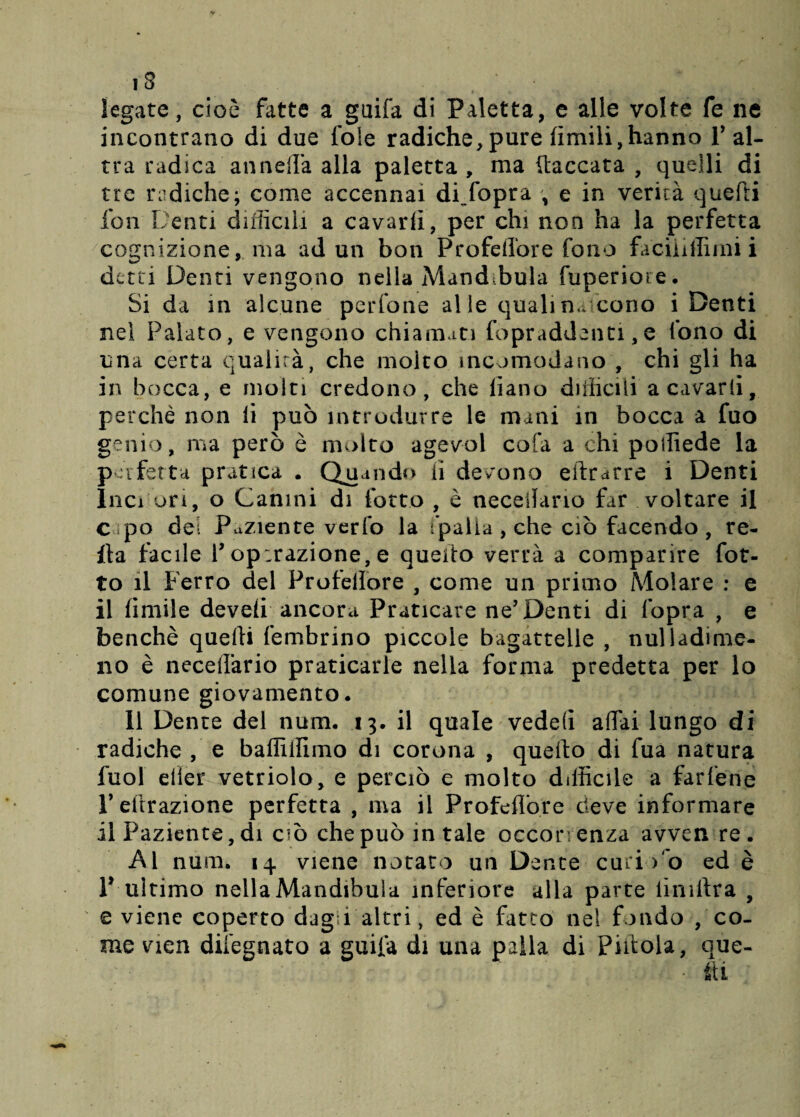 legate, cioè fatte a gaifa di Paletta, e alle volte fe ne incontrano di due foie radiche,pure limili,hanno T al¬ tra radica anneffa alla paletta , ma {taccata , quelli di tre radiche; come accennai disopra , e in verità quelli fon Denti difficili a cavarli, per chi non ha la perfetta cognizione, ma ad un bon Profelfore fono faciiiiliini i detti Denti vengono nella Mand.bula fuperiore. Si da in alcune perfone alle qualin.t cono i Denti nel Palato, e vengono chiamati fopraddenti, e fono di una certa qualità, che molto incomodano , chi gli ha in bocca, e molti credono, che iiano difficili a cavarli, perchè non lì può introdurre le mani in bocca a fuo genio, ma però è molto agevol cofa a chi poffiede la perfetta pratica . Quando lì devono eftrarre i Denti luci ori, o Canini di lòtto , è necellano far voltare il c po dei Paziente verfo la ipalia , che ciò facendo, re¬ ità facile r optrazione, e quello verrà a comparire fot¬ to il Ferro del Profelfore , come un primo Molare ; e il fimile develi ancora Praticare ne’ Denti di fopra , e benché quelli fembrino piccole bagattelle , nulladime- 110 è necelfario praticarle nella forma predetta per lo comune giovamento. Il Dente del num. 13. il quale vedeiì affai lungo di radiche , e baffiifimo di corona , quello di fua natura fuol efter vetriolo, e perciò e molto difficile a far ferie Feftrazione perfetta , ma il Profelfore deve informare il Paziente, di c*ò che può in tale occon enza avven re . Al num. 14 viene notato un Dente curiVo ed è Y ultimo nellaMandibula inferiore alla parte lìniltra , e viene coperto dag l altri, ed è fatto nel fondo / co¬ me vien difegnato a guifà di una palla di Pillola, que- • iti