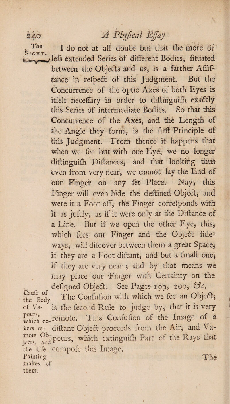 ' The j not at ajj but that the more dr oIG HT* lefs extended Series of different Bodies, fituated between the Objedts and us, is a farther Aflif- tance in refpedt of this Judgment. But the Concurrence of the optic Axes of both Eyes is kfelf neceffary in order to diftinguifh. exadtly this Series of intermediate Bodies. So that this Concurrence df the Axes, arid the Length of the Angle they form, is the flfft Principle df this Judgment. From thence it happens that when we fee blit with one Eye* we no longer diflinguifli Diflances* and that looking thus even from very near, we cannot lay the End of bur Fingei* on any fet Plàce. May^ this Finger will even hide the deftined Objedt, and were it a Foot off, the Finger correfponds with Caufe of the Body of Va- pours, which co¬ vers re¬ mote Ob¬ jects, and the Ufe Painting It as juftly, as if it were only at the Diflance of a Line. But if we open the other Eye* this* which fees our Finger and the Objedt fide- ways* will difcover between them a great Spacer If they are a Foot diflant, and but a lmall one* If they are very near ; and by that means we may place our Finger with Certainty on the defigned Objedt. See Pages 199, 200^ &c. The Confufion with which we fee an Objedt^ is the fécond Rule to judge by, that it is very remote. This Confufion of the Image of à diflant Ohjedl proceeds from the Air, and \ a- pours, which extinguiili Part of the Rays that compofe this Image. The makes of them.