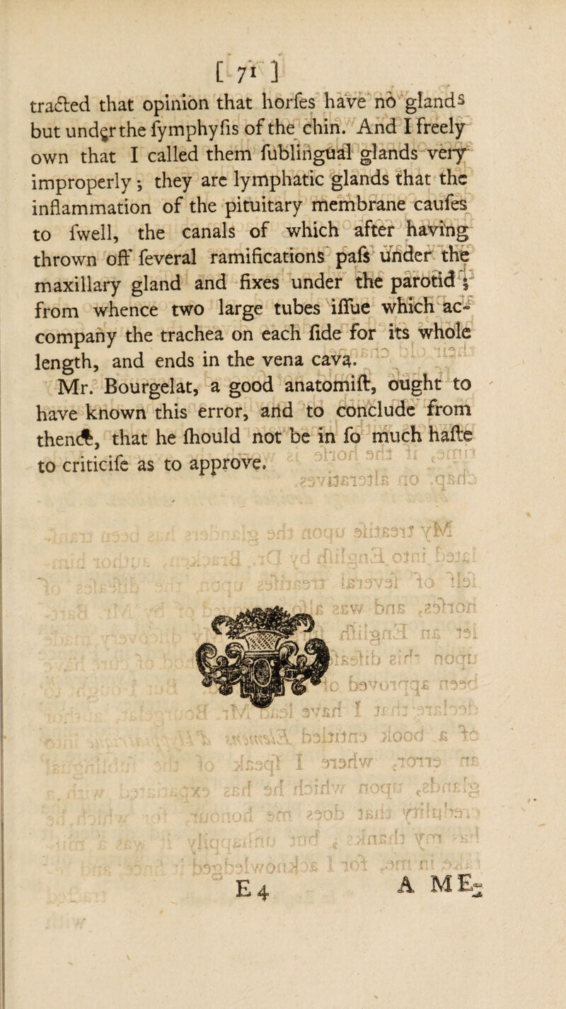 [ 7* 3 traced that opinion that horfes have no glands but undçrthe fymphyfis of the chin. And I freely own that I called them fublingual glands very improperly -, they arc lymphatic glands that the inflammation of the pituitary membrane caufes to fwell, the canals of which after having thrown off feveral ramifications pafs under the maxillary gland and fixes under the parotid y from whence two large tubes ififue which ac¬ company the trachea on each fide for its whole length, and ends in the vena cava. Mr. Bourgelat, a good anatomift, ought to have known this error, and to conclude from thenA, that he fhould not be in fo much hafte to criticife as to approve. ,??3vi3ino3ii» no * r ? E4 A ME-