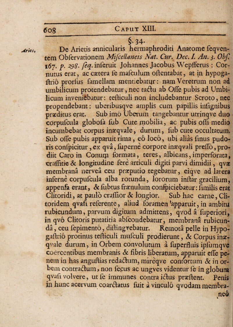 V Artes o 6og Caput XIII. De Arietis annicularis hermaphroditi Anatome feqven- tem Obfervationem Mifcellaneis Nat. C&r. Dec. /. /?/z. Obf. 167. p, 298* fe<l* inferuit Johannes Jacobus Wepfferus : Cor¬ nutus erat, ac extera fe mafculum oftentabat, at in hypoga- ftrio prorfiis famellam mentiebatur: nam Veretrum non ad umbilicum protendebatur, nec tadu ab OfTe pubis ad Umbi¬ licum inveniebatur: tefticuli non includebantur Scroto, nec propendebant: uberibusqve amplis cum papillis infignibus praeditus erat. Sub imo Uberum tangebantur utrinqve duo corpufcula globofa fub Cute mobilia, ac pubis offi medio incumbebat corpus inxqvale, durum, fub cute occultatum. Sub offe pubis apparuit rima, eo loco, ubi alias finus pudo¬ ris confpicitur, ex qva, fuperne corpore inxqvali preffo , pro¬ diit Caro in Conum formata, teres, albicans, imperforata, craffitie & longitudine fere articuli digiti parvi dimidii, qvx membrana nervea ceu prxputio tegebatur, eiqve ad latera inferne corpufcula alba rotunda, lororum inftar gracilium, appenfa erant, &fubtus frxnulum confpiciebatur: fimilis erat Clitoridi, at paulo crafiior & longior. Sub hac carne, Cli¬ toridem qvafi referente, aliud foramen 'apparuit, in ambitu rubicundum, parvum digitum admittens, qvod a fuperiori, in qvo Clitoris putatitia abfeondebatur, membrana rubicun¬ da , ceu fepimento, diftingvebatur. Remota pelle in Hypo- gaftrio protinus tefticuli mufculi prodierunt, & Corpus ina^ qvale durum, in Orbem convolutum a fuperfluis ipfumqve coercentibus membranis & fibris liberatum, apparuit efie pe¬ nem in has anguftias redadum, mireqve contortum & in or¬ bem contradum, non fecus ac ungves videntur fe in globum qvafi volvere, utfe immunes contra idus prxftent. Penis in hunc acervum coardatus fuit a vinculo qvodam membra-