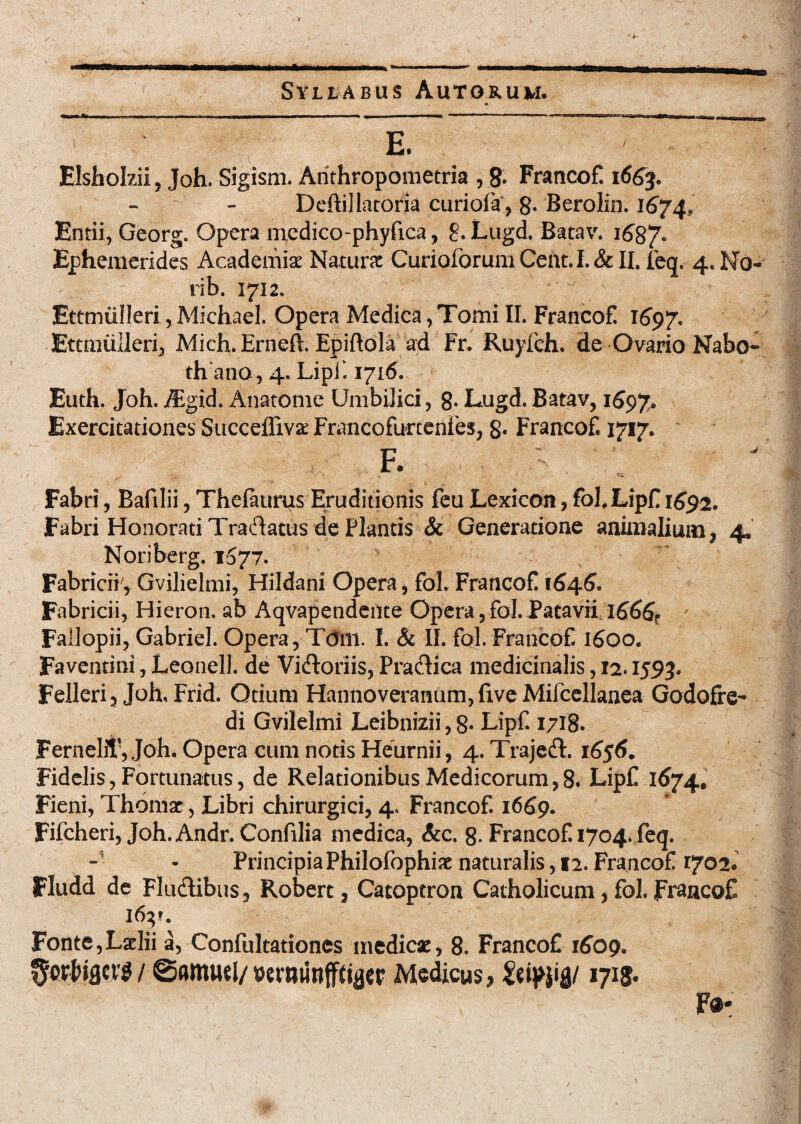 r v. , ' , •. -■■■! —.—--■ — ■ -- — mr ii i i > i ii E. EIshoIzii, Joh. Sigism. Arithropometria ,8- FrancoE 1663. Deftiilatoria curiofa, 8* Berolin. 1674, Entii, Georg. Opera medico-phyfica, £.Lugd. Batav. 1687» Ephemerides Academiae Naturae CuriGforumCent.I.&II. ieq. 4. No- rib. 1712. Etttniilleri, Michael. Opera Medica, Tomi II» FrancoE 1697. Ettmiilleri, Midh.Erneft. Epiftola ad Fr. Ruyfch. de Ovario Nabo- th ano, 4» Lipil 1716. Euth. Joh. Aigid. Anatome Umbilici, g* Lugd. Batav, 1697. Exercitationes Succeffxvse Francofurtenfes, 8« Francof. 1717. j f. -. ; • v Fabri, Bafilii, Thelaurus Eruditionis feu Lexicon, fohLipf 1692. Fabri Honorati Tradatus de Plantis & Generatione animalium, 4« Noriberg. 1577. Fabricii', Gvilielmi, Hildani Opera, fol. FrancoE 1646. Fabricii, Hieron, ab Aqvapendente Opera, fol. Patavii 1666, / FaOopii, Gabriel. Opera, Tdm. I. & II. fol. FrancoE 1600. Faventini, Leonell. de Vidloriis, Praftica medicinalis, 12.1593. Felleri, Joh. Frid. Otium Hannoveranum, five Mifcellanea Godofre- di Gvilelmi Leibnizii, 8« Lipf. 1718. FernehT, Joh. Opera cum notis Heurnii, 4. Trajeft. 1656. Fidelis, Fortunatus, de Relationibus Medicorum,8. LipC 1674. Fieni, Thomac, Libri chirurgici, 4. Francof. 1669. Fifcheri, Joh. Andr. Confilia medica, &c. 8- FrancoE 1704. feq. Principia Philofophiae naturalis, 12. FrancoE 1702« Fludd de Flu&ibus, Robert, Catoptron Catholicum, fol. FrancoE 1631. Fonte,Laelii a, Confultationes medicae, 8. FrancoE 1609. / 0amu«l/wnunfftifler Medicus, 1715. F®-