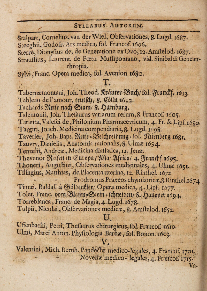 Stalpart, Cornelius, van der Wiel, Obfervationes, 8- Lugd. 1687. Steeghii, Godofr. Ars medica, fol. Francof 1606, Sterre, Dionyfius de, de Generatione ex Ovo, 12. AmPtclod. 1687. Strauffius, Laurent. de Fcetu Muflipontano, vid. Sinibaldi Genean- thropia. Sylvi , Franc. Opera medica, fol. Avenion 1680. T. 1 1 ■ - • - . - Tabernxmontani, Joh. Theod. Rcdutet-SSmJ)/ fol. 1613. Tableau defaniour, ttthfdj, 8. @0lln i6y2. • Tachards ?Xetfe nad) ©tam/ 8. «Ojunburu, Talentonii, Joh. Thefaurus variarum rerum, 8. Francof. 1605. Taranta, Valefci de, Philonium Pharmacevticum, 4. Fr. & Lipf. i^go- Targiri, Joach. Medicina compendiaria, 8-Lugd. 1698. Taverier, Joh. Bapt. Sieife = SSCdjreibun# / fol. Xiirnbevg 1681, Tauvry,Danielis, Anatomia rationalis, 8- Ulmz 1694. Tenzelii, Andreae, Medicina diaftatica, u. Jenae. Thevenot Sfatfen in Europa / Slfta/%{nm 4. Sfancff. 1695. Tkoneri, Aaguftini , Obfervationes medicinales, 4. Ulmse 1651. Tilingius, Matthias, de Placenta uterina, 12. Rinthel. 1672 Prodromus Praxeos chymiatricae,8.Rinthel.i<574 Timaei, Baldaf a ©ulcenflce/ Opera medica, 4. Lipf 1677. Tolet, Franc. ttom 33Iufett*©:em; fcfyneiDen/ 8, Jpanow 1694. Torreblanca, Franc. de Magia, 4. Lugd. 1678. Tulpii, Nicolai, Obfervationes medicae, 8- Amflelod. 1652. • U. Uffenbachi, Petri, Thefaurus chirurgicus, fol. Francof 1610. Ulmi, Marci Anton. Phyftologia Barbae, fol. Bonon. 1605. Valentini, Mich. Bernh. Pande&ae medico-Iegales, 4. Francof 1701. Novellae medico-legales,4. Francof 1715. Va-