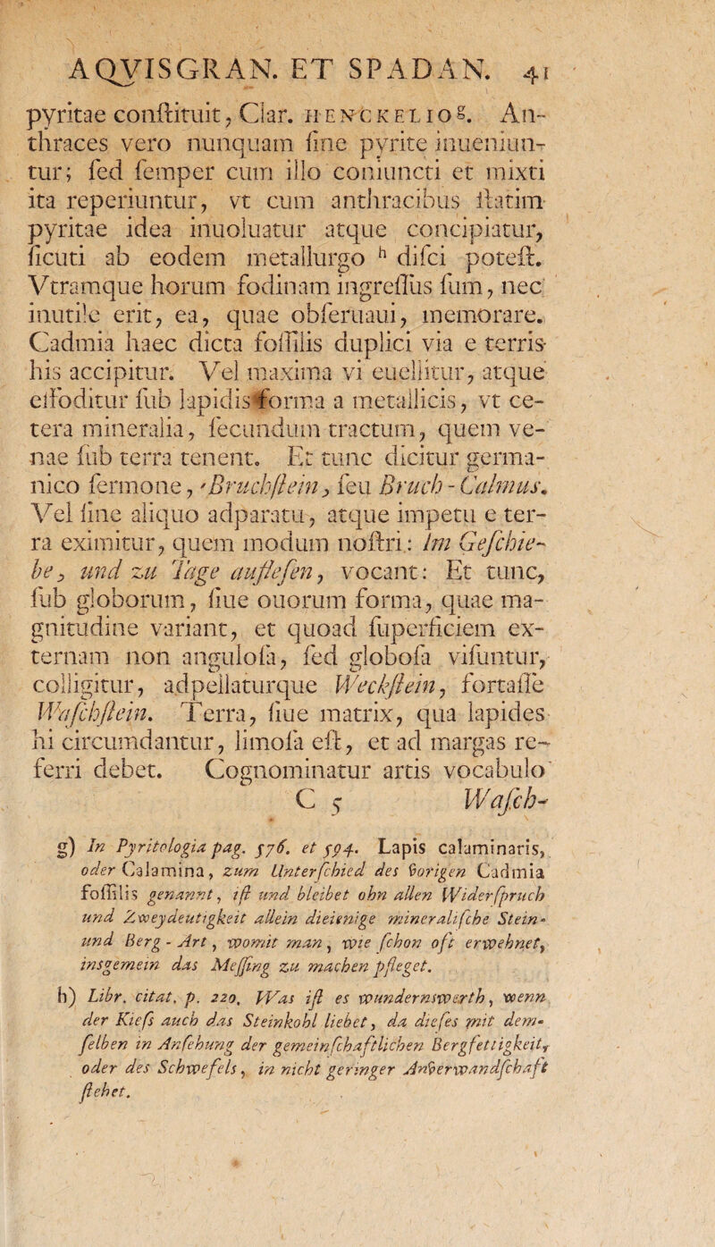 pyritae conftituit , Clar. h e n c k e l i o g. An¬ thraces vero nunquam line pyrite inueniun- tur; fed femper cum illo coniuncti er mixti ita reperiuntur, vt cum anthracibus iiatim pyritae idea inuoiuatur atque concipiatur, ficuti ab eodem metallurgo h difci poteft. Vtramque horum fodinam ingreflus fum, nec inutile erit, ea, quae obferuaui, memorare. Cadrnia haec dicta follilis duplici via e terris- his accipitur. Vel maxima vi eueliitur, atque e 1 Foditur fub lapidislforma a metallicis, vt ce¬ tera mineralia, fecundum tractum, quem ve¬ nae fub terra tenent. Et tunc dicitur germa- nico fermone, 'Bruchflein, feu Bruch - Culmus* Vei line aliquo adparatu, atque impetu e ter¬ ra eximitur, quem modum noftri: Im Gefchic- be> und zu 'Tage auflefen, vocant: Et tunc, fub globorum, liue ouorum forma, equae ma¬ gnitudine variant, et quoad fuperficiem ex¬ ternam non angulola, fed globofa vifuntur, colligitur, adpeilaturque Weckftem, fortafle Wafchjiein. Terra, liue matrix, qua lapides hi circumdantur, limofa e it, et ad margas re¬ ferri debet. Cognominatur artis vocabulo C 5 Wafch- g) In Pyr ito logia pag. yj6. et goy. Lapis calaminaris, oder Calamina, zurn linterfchied des borigen Cadtnia folliiis genannt, ifl und bleibet ohn allen Widerfpruch und Zvoeydeutigkeit alie in dieienige mineralifche Stein• und Berg - Art, voomit man, nne fchon oft ervoehnet, insgemein das MeJJing zu machen pfleget. h) Libr. citat, p. 220. Was ijl es wundernsyoerth, vcenn der Kiefs aucb das Steinkobl hebet, da diefes piit dem- felben in Anfehung der gememfchaftlichen Bergfettigkeit oder des Schwefels, in mcht gefmger Anberxvandfchaft jlebet.