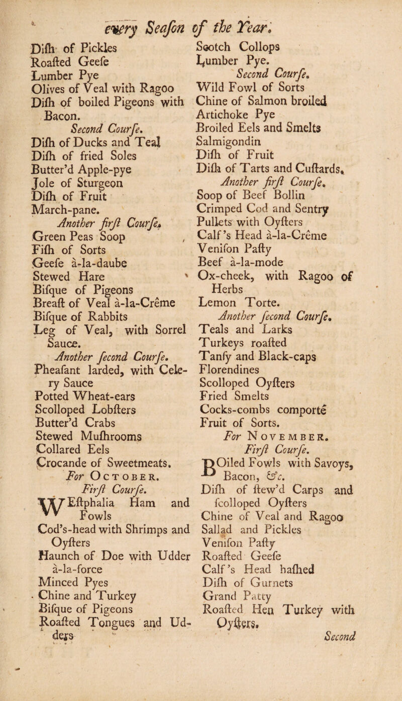 Difh of Pickles Roafted Geefe Lumber Pye Olives of Veal with Ragoo Difh of boiled Pigeons with Bacon. Second Courfe. Difh of Ducks and Teal Difh of fried Soles Butter’d Apple-pye Jole of Sturgeon Difh of Fruit March-pane. Another firji Courfe\ Green Peas Soop Fifh of Sorts Geefe a-la-daube Stewed Hare ' Bifque of Pigeons Breaft of Veal a-la-Creme Bifque of Rabbits Leg of Veal, with Sorrel Sauce. Another fecond Courfe. Pheafant larded, with Cele¬ ry Sauce Potted Wheat-ears Scolloped Lobfters Butter’d Crabs Stewed Mufhrooms Collared Eels Crocande of Sweetmeats. For October. Firji Courfe. \\7 Eftphalia Ham and VV Fowls Cod’s-head with Shrimps and Oyfters Haunch of Doe with Udder a-la-force Minced Pyes * Chine and Turkey Bifque of Pigeons Roafted Tongues and Ud- de*s Scotch Collops dumber Pye. Second Courfe. Wild Fowl of Sorts Chine of Salmon broiled Artichoke Pye Broiled Eels and Smelts Salmigondin Difh of Fruit Difh of Tarts and Cuftards* Another firji Courfe. Soop of Beef Bollin Crimped Cod and Sentry Pullets with Oyfters Calf’s Head a-la-Creme Venifon Pafty Beef a-la-mode Ox-cheek, with Ragoo of Herbs Lemon Torte. Another fecond Courfe• Teals and Larks Turkeys roafted Tanfy and Black-caps Florendines Scolloped Oyfters Fried Smelts Cocks-combs comporte Fruit of Sorts. For November. Firji Courfe. Oiled Fowls with Savoys, Bacon, &c. Difh of ftew’d Carps and Lolloped Oyfters Chine of Veal and Ragoo Sallad and Pickles Venifon Pafty Roafted Geefe Calf’s Head hafhed Difh of Gurnets Grand Patty Roafted Hen Turkey with Qyte. Second