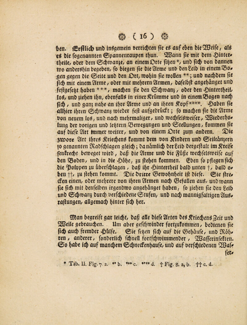 ben. sErfiltcl? unb insgemein betrichten fte e$ «auf eben bie SBeife, als «g bie fogenannten ©pannenraupen tljun. 2Bann fte mit bern hinter* theile, ober bem©chwanse, an einem Orte fl^en *, unb ftch Don bannen wo anberShin begeben, fo biegen fte bteSlrme unb benSeib in einemQ3o< gen gegen bie ©eite unb ben Ott, wohin fte wollen **; unb nachbem fte ftch mit einem 2lrtne, ober mit mehrernSlrmen, bafelbft angehättget unb fefigefeht haben ***, machen fte ben ©chwanj, ober ben «öintertheif, los, unb sichen ihn, ebenfalls in einet .f rümrne unb in einem Söogen nach ftch, unb gans nahe an ihre Slrme unb an ihren fopf****. >£aben fte alihiet ihren ©chwanj toieber fefl aufgebrüeft; fo machen fte bie 2irme bon neuem los, unb naef) mehrmaliger / unb wechfelSwetfer, SBieberho» Jung ber Dortgen unb fe|tern ^Bewegungen unb ©feQungcn, fommett fte auf biefe 2(rt immer weiter, unb oon einem Orte sum anbern. ®ie 3»?ote 2lrt ifjreö Kriechens fommt bem bon Äinbern unb ©eiltänjern logenannten Dvabfchlagen gleich; ba nämlich berßeib bergeflalt im Greife fenfrecht beweget wirb, baj? bie 21rme unb bie gufe wechfeisweife auf ben 58oben, unb in bie J^öhe, su flehen fommen. (Jben fo pflegen fleh bie ^Joippen su itberfchlagen, bafj ihr #intertbei( halb unten f, balb o* ben tf, S« flehen fommt. S5ie briete ©ewohnljeit ifl biefe. ©te flre* efen einen, ober mehrere Don ihren Firmen nach ©efaBen aus, unb wann fte ftch mit benfeiben irgenbwo angehänget haben, fo sieben fte ben £eib unb ©chwans burch berfchiebene@tufen, unb nach mannigfaltigenSluS» raflungen, aBgemach hinter ftch hec, 9D?an begreift gar leicht, bajj alle biefe Sitten bes Kriechens geit unb SEBeile gebrauchen. Um aber gefchwinber fortjufommen, bebienen fte ftch auch frember «€>&ife. ©te fe^en ftch auf bie ©ehäufe, unb 9i6h<- ren, anberer, fonbetlich fernen fortfehwimmenber, <2Ba|fetinfeften. ©o hnt>e ich auf manchem ©ehneefenhaufe, unb auf Derfchiebenen 2Baf? fer-