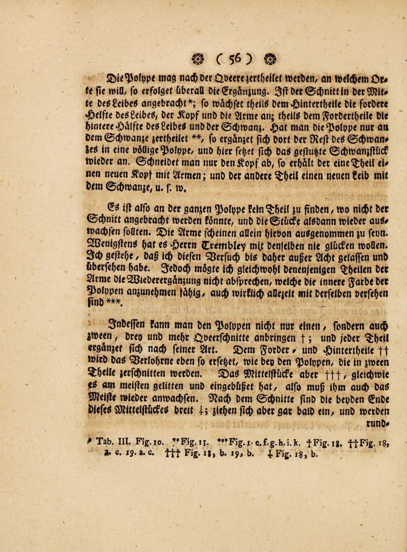 ©ie^ofppe «tag nach ber &beere jertheilet werben, an welchem £>r# te pe t»iO, fo erfolget überall DieSrgäitjung. 3pber©chnittin bereit* te be$ gelbe« angebracht*; fo wächfet theil« bem .©intertbetle bie fotbete •©elfte be$8eibe$, ber 3?opf unb bie 2lrme an; theil« bem ^orbertheile bfe hintere .©äffte be« Sefbe« unb ber ©chwanj. ©at man bie^olppe nur an bem©chwan;e jertheilet **, fo ergänjet pch Dort ber SKep beö@chman* ieö in eine Päöige ffjolppe, unb hier fe|et pch ba« gepulte ©chwanjPücf toieber an. ©cbneibet man nur ben Äopf ab, fo erhält ber eine $!jeil ei# nen neuen Äopf mit Firmen; unb ber anbece $&eil einen neuen Selb mit bem ©cbmanje, u. f. w. ip alfo an ber ganzen $olppe feln^hefl ju pnben, wo nicht ber ©c&nitt angebracht werben fönnte, unb bie ©tücfe aisbann wieber aus# toachfen foOten. $)ie 2lrme fcheinen allein Ijlebon ausgenommen ju feon. SQBenigPen« hat eS >©errn JCremblev mi.t benjelben nie gl liefen trollen. 3<h geffehe, baß ich biefen <33erfuc© bi« baher auf er Seht gelaffen unb fiberfehen habe. 3ebo<h mögte ich gleichwohl benen/enlgen ^heilen ber Sirme Die SOBteberergänjung nicht abfprechen, welche bie innere jarbe ber ^olppen anjunehmen fähig/ auch wirflich aHejeit mit berfelben berfehen ltnb *** Snbeffen fann man ben $olppen nicht nur einen, fonbern auch jween, breo unb mehr Obeerfchnitte anbringen f; unb jeber ^h«il rrgänjet pch nach feiner Srf. SDem Jorber# unb •©intertheile ft wirb ba« ^erfahrne eben fo erfe|et/ wie bep ben QJolppen, bie in jween Sheile jerfchnitten werben. ©a« «Q?itteipücfe aber ftt / gleichwie fS am meipen gelitten unb eingebüßet hat/ alfo muß ihm auch ba« ÜReipe wieber anwachfen. 9?ach bem (Schnitte pnb bie bepben Snbe biefeS SRitteipöcfeS breit 4; jiehen pch aber gar halbem, unb werben runb« t i • ’ v V v ' :■* / f Tab. III. Fig. 10. Fig. 15. ,,TFig.i-e.f.g.h.i.k. fFig. ij, ff Fig. 18, 8. «. 19. a. c. fff Fig. i|, b. 19, b. 4. Fig. 181 b.