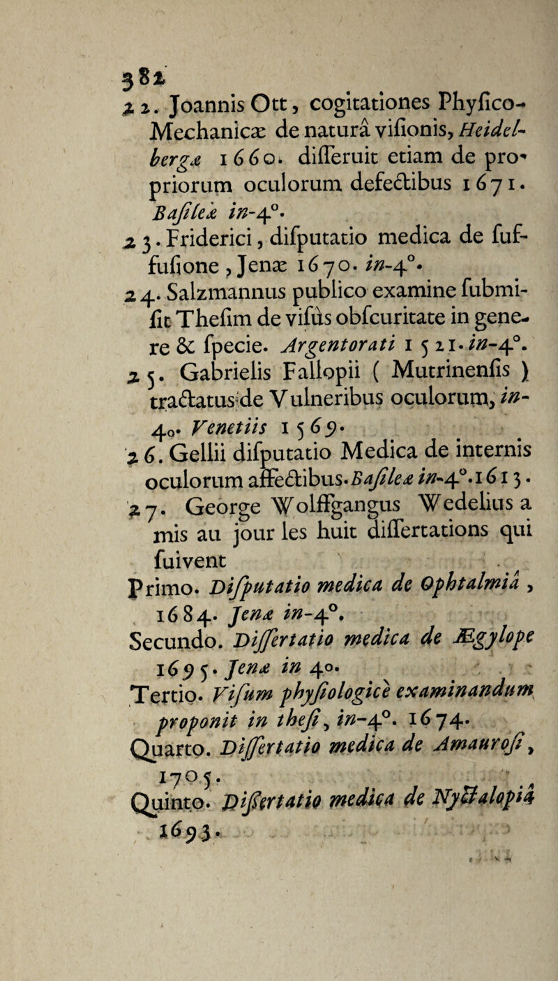 3 Sx 2 z. Joannis Ott, cogitationes Phyfico- Mechanicæ de naturâ vifionis, Heidel i66q» différait etiam de pro* priorum oculorum defedibus 1671. BafUe'æ in-af* 2,3. Friderici, difputatio medica de fut fufione , Jenæ 1670. in-4°. 2 4. Salzmannus publico examine fubmi- fît Thefim de vifus obfcuritate in géné¬ ré &amp; fpecie. Argent or ati 1 5 2.1.//Z-40. 25. Gabrielis Fallopii ( Mutrinenfis ) tradatuside V ulneribus oculorum, in- 40. Venetiis 1565?* 2 6. Gellii difputatio Medica de internis oculorum afïèdibus.54/?/^ in- 4°.i 613. &gt;7. George WolfFgangus Wedeliusa mis au jour les huit diflertations qui fuivent Primo. Difputatio medica de Ophtalmiâ , 1684. Jenæ in-4.0. Secundo. Dijfertatio medica de Mgylope 16515. Jen£ in 4°* Tertio. Vifum phyfologice examinandum proponit in thefim in-4.0. 1674. Quarto. Dijfertatio medica de Amaurofi, 1705. Quinto. Difertatio medica de Njcîalopa 1693.