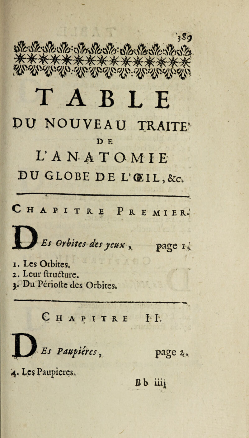 TABLE PU NOUVEAU TRAITE* D E L'ANAT O M I E DU GLOBE DE L’ŒIL,&amp;c. Chapitre Premier: D Es Orbites des yeux y page i i 1. Les Orbites. 2. Leur ftruéture. j. Du Périofte des Orbites, Chapitre D Paupières ^ 1 I. page ^ 4. Les Paupières. B b üii s