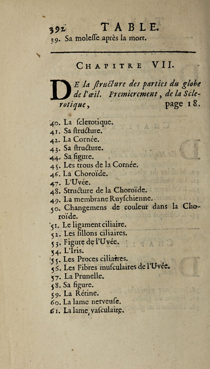 39. Sa molcfïe après la mort. Chapitre VII. DE U Jlrtttture des parties du globe de l'œil. Eremierement, de la Sclé¬ rotique y Page 18* 40. La fclerotique. 41. Sa ftriléfcure. 42. La Cornée. 43. Sa ftru&amp;ure. 44. Sa figure. « 45. Les trous de la Cornée. 46. La Choroïde. 47. L’Uvée. 48. Struélure de la Choroïde. 49. La membrane Ruyfchienne. ^0. Changemens de couleur dans la Cho¬ roïde. 51. Le ligament ciliaire. 52. Les filions ciliaires. 5 3. Figure de l’Uvée. • 54. L’Iris. ^5. Les Procès ciliaires. Les Fibres mufculairesdel’Uvee. 57. La Prunelle. 58. Sa figure. 59. La Rétine. 60, La lame nerveufe. C1. La lamc^ vafculairp*