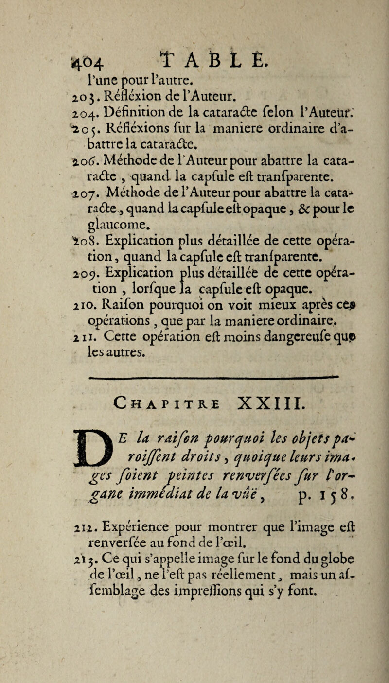 Tune pour l’autre. 203. Réflexion de l’Auteur. 204. Définition de la cataracte félon l’Auteur.' ■105. Réflexions fur la maniéré ordinaire d’a¬ battre la cataracte. 206. Méthode de l'Auteur pour abattre la cata¬ racte , quand la capfule eft tranfparente. 207. Méthode de T Auteur pour abattre la cata^ racte, quand la capfule eft opaque, ôc pour le glaucome. ’îoS. Explication plus détaillée de cette opéra¬ tion , quand la capfule eft tranfparente. 209. Explication plus détaillée de cette opéra¬ tion , lorfque la capfule eft opaque. 210. Raifon pourquoi on voit mieux après ce» opérations 5 que par la maniéré ordinaire. 211. Cette opération eft moins dangcreufe qup les autres. Chapitre XXIII. DE la raifon pourquoi les objets pa* roijfent droits, quoique leurs ima* ges foicnt peintes renverfées fur for- gane immédiat de la vue, p. 1 y 8, 212. Expérience pour montrer que l’image eft Tenverfée au fond de l’œil. 2t 3. Cê qui s’appelle image fur le fond du globe de l’œil, ne l’eft pas réellement , mais un af- femblage des imprefllons qui s’y font.
