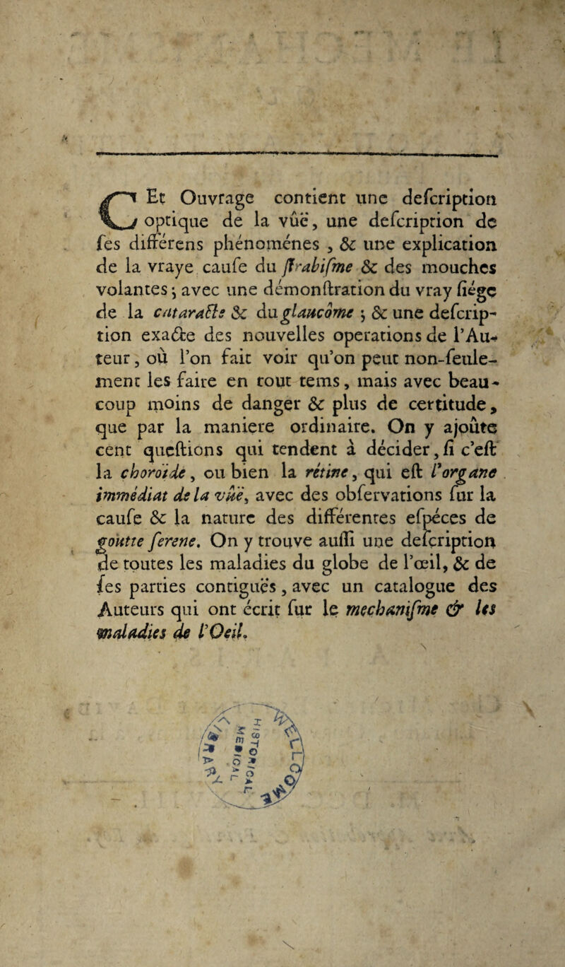 CEt Ouvrage contient une defcription optique de la vue, une defcription de fes difrérens phénomènes , 8c une explication de la vraye caufe du Jf^abifme 8c des mouches volantes \ avec une démonftration du vray fïégc de la catarafts 8c du glaucome $ 8c une defcrip¬ tion exa& des nouvelles operations de l’Au¬ teur , où l’on fait voir qu’on peut non-feule¬ ment les faire en coût tems, mais avec beau¬ coup moins de danger 8c plus de certitude, que par la maniéré ordinaire. On y ajoute cent queftions qui tendent à décider, fi c’eft la choroïde, ou bien la rétine, qui eft l'organe immédiat delà vue, avec des obfervations fur la caufe 8c la nature des différentes efpéces de goutte ferene. On y trouve aulli une defcription de toutes les maladies du globe de l’œil, 8c de fes parties contiguës, avec un catalogue des Auteurs qui ont écrit fur le mçchamfme & Us maladies de ÏOeil. \