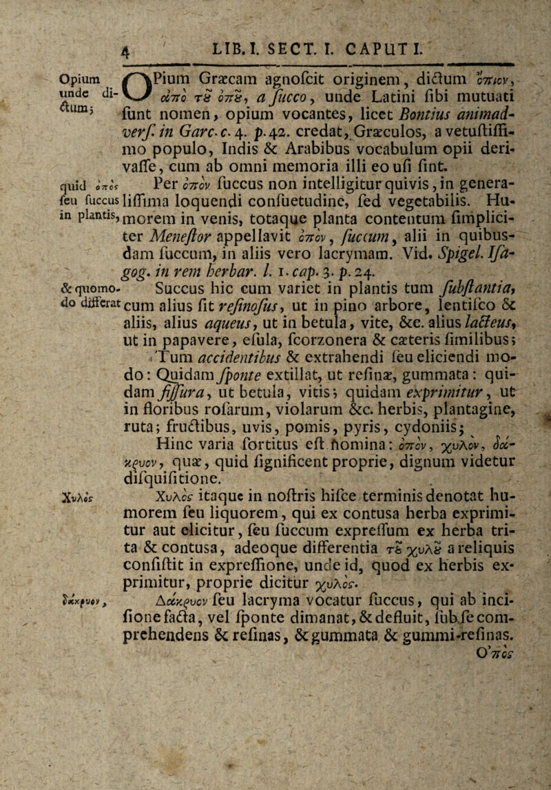 LIB.I. SECT. I. CAPUT I. Opium ^\Pium Graecam agnofcit originem, didum o7nov, unde di-V^ rg a Jucco y unde Latini fibi mutuati funt nomen, opium vocantes, licet Bontius animad- ver/in Garcc.4. p.43. credat, Graeculos, a vetuftifli- mo populo, Indis Sc Arabibus vocabulum opii deri- vaffe, cum ab omni memoria illi eoufi fint. quid exos Per o7tov fuccus non intelligitur quivis, in genera- feu fuccus liffima loquendi confuetudine, fed vegetabilis. Hu« m plantis, morem jn venis, totaque planta contentum fimplici- ter Meneftor appellavit cnov, fuccum y alii in quibus¬ dam fuccum, in aliis vero lacrymam. Vid. Spigel. I/a- gog. in rem herbar. /. 1. cap. 3* p. 24. & quomo- Succus hic cum variet in plantis tum /ubftantia, do digerat cum alius fit re/ino/us, ut in pino arbore, lentifco Sc aliis, alius aqueus, ut in betula, vite, &e. aliuslatteus, ut in papavere, efula, fcorzonera & ceteris fimilibus, ■ Tum accidentibus & extrahendi feu eliciendi mo¬ do : Quidam /ponte extillat, ut refinae, gummata : qui¬ dam fijfura, ut betula, vitis*, quidam exprimitur, ut in floribus rofarum, violarum &c. herbis, plantagine, ruta; frudibus, uvis, pomis, pyris, cydoniis$ Hinc varia fortitus eft fiomina: onov, %uAov, Jcc- a^vovy quae, quid fignificent proprie, dignum videtur difquifitione. XvAcs itaque in noftris hifce terminis denotat hu¬ morem feu liquorem, qui ex contusa herba exprimi¬ tur aut elicitur, feu fuccum expreffum ex herba tri¬ ta & contusa, adeoque differentia r£ %ua£ a reliquis confidit in expreffione, unde id, quod ex herbis ex¬ primitur, proprie dicitur %uAo<r. Accxoucv feu lacryma vocatur fuccus, qui ab inci- fionefada, vel fponte dimanat, & defluit, lub fe com¬ prehendens & refinas, & gummata & gummi-refinas. O 'tsqs (>lKXpV6i