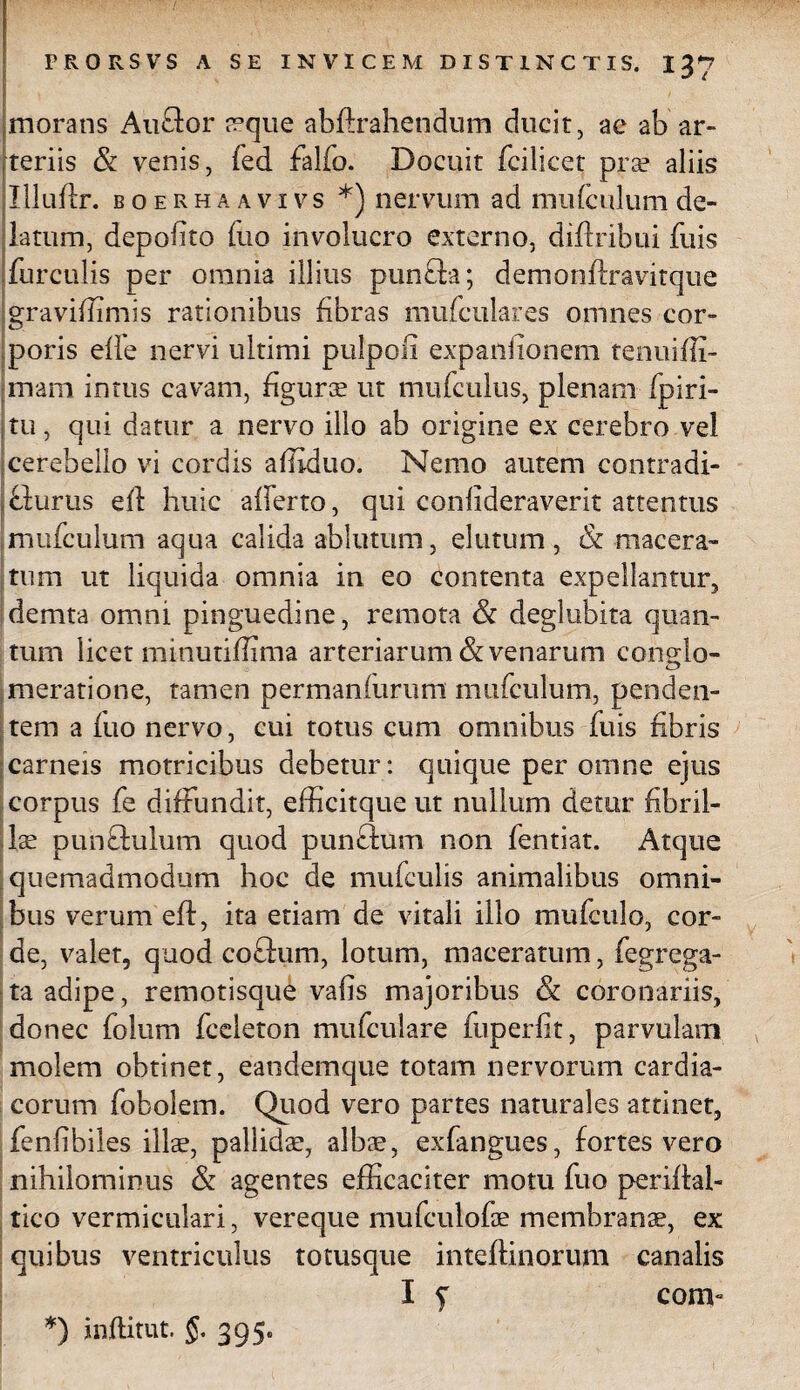 morans Anffor aeque abftrahendum ducit, ae ab ar¬ teriis & venis, fed falfo. Docuit fcilicet prae aliis Illuffr. boerhaavivs *) nervum ad mu (culum de¬ latum, depolito (uo involucro externo, diftribui fuis furculis per omnia illius punfla; demonftravitque Igraviffimis rationibus fibras mufculares omnes cor¬ poris elle nervi ultimi pulpofi expanfionem tenuiffi- mam intus cavam, figurae ut mufculus, plenam-/piri- tu, qui datur a nervo illo ab origine ex cerebro vel cerebello vi cordis affiduo. Nemo autem contradi¬ turus efl huic afferto, qui confideraverit attentus mufculum aqua calida ablutum, elutum, & macera¬ tum ut liquida omnia in eo contenta expellantur, demta omni pinguedine, remota & deglubita quan¬ tum licet minutiffima arteriarum & venarum conglo¬ meratione, tamen permanfurum mufculum, penden¬ tem a fuo nervo, cui totus cum omnibus fuis fibris carneis motricibus debetur: quique per omne ejus corpus fe diffundit, efficitque ut nullum detur fibril¬ lae puh&ulum quod puntum non fentiat. Atque quemadmodum hoc de mufculis animalibus omni¬ bus verum efl, ita etiam de vitali illo mufculo, cor¬ de, valet, quod coftum, lotum, maceratum, fegrega- ta adipe, remotisque vafis majoribus & coronariis, donec folum fceleton mufculare fuperfit, parvulam molem obtinet, eandemque totam nervorum cardia¬ corum fobolem. Quod vero partes naturales attinet, fenfibiles illae, pallidae, albae, exfangues, fortes vero nihilominus & agentes efficaciter motu fuo periflal- tico vermiculari, vereque mufculofae membranae, ex quibus ventriculus totusque inteffinorum canalis I f conv *) inflitut. §. 395.