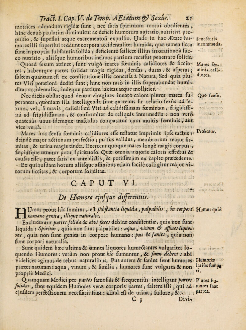 motrices admodum rigidae fune , nec fatis fpiricuum motui obedientes , hinc denuo paulatim diminuitur ac deficit humorum agicatio,nutritivi pro- pulfio , & fupeflui atque excrementofi expulfio. Unde in hac j£tate hu-' moresilli fuperftui reddunt corporaaccidentaliter humida, quae tamen ficca fune in propria fubftantia folida j deficiente fciiicet illius irroratione a fuc- co nutritio , aliifque humoribus intimos partium recelfus penetrare foiitis. Quoad fexum attinet, funt vulgo mares foeminis calidiores & ficcio- res , habenrque partes folidas magis rigidas , denfas , duras, &c afperas; faltem quantum eft ex conftitutione iliis concefta a Natura. Sed quia plu- res Viri potationi dediti funt; hinc non rarb in illis fuperabundac humi- ditas accidentalis, indeque partium laxitas atque mollities. Nec didis obftat quod dentur viragines innato calore plures mares fu- Quo fenfu, perantes ^ quoniam illa intelligenda funt quatenus fit relatio fexus ad fe¬ xum, vel, fi mavis , calididhni Viri ad calidiffimam foeminam, frigidiffi- mi ad frigidifiimam , & conformiter de reliquis intermediis : non ver& quatenus unus idemque mafculus comparatur cum multis foeminis, auc vice versa. ' ^ 'i 1 •’ m? ern Mares hoc fenfu foeminis calidiores efle teftatur imprimis ipfe ta&us : deinde major a&ionum perfe&io \ pulfus validus , membrorum major fir¬ mitas 3 & urina magis tin&a. Exercent quoque mares longe magis corpus » fepiufque utuntur potu fpirituofo. Quae omnia majoris caloris effedus & caufasefie, patet fatis ex ante didis, & potiffimum ex capite praecedente. Ex quibufdam horum aliifque affinibus etiam facile colligitur major vi¬ rorum ficcicas, & corporum folidicas. CAPUT VI. Senedutis incommoda# — ~r Mares fi»- minis cali¬ diores. Probatur, T, De Humore ejufque differentiis. r<r i :;j 11 O •IJP 2 . i • 1J i i i» HUmor prout hic fumitur, eft /ubfiantia liquida , palpabilis s in carpere Humor quid humano genita y illique naturalis. Excluduntur partes folida 6c alvi faces debitae confidentiae, quia non funt liquida : Spiritus, quia non funt palpabiles: aqua , vinum & affnes liquo** rts , quia non funt genita in corpore humano: pus dc fanies , quia non funt corpori naturalia. '.m r;. Sunt quidem heee ultima & ©mnes liquores hume&antes vulgariter lo¬ quendo Humores: verum non prout hic fumuntur, &C fumi debent : ubi Videlicet agimus de rebus naturalibus. Pus autem & fanies funt humores praeter naturam: aqua a vinum , & fimilia , humores fune vulgares & non proprie Medici. Quamquam Medici per partes famofius & frequentius intelligant partes folidas, ffict equidem Humores veras corporis partes; faltem illi, qui ad tjufdem perfedionem neceffarii funt: aliud eft de urina, fudore, &c. , ; C j Divi- , T r rj-r , • ^ Huraorfcs latius fumpg ti. Plures fiix— mores futjc partes»