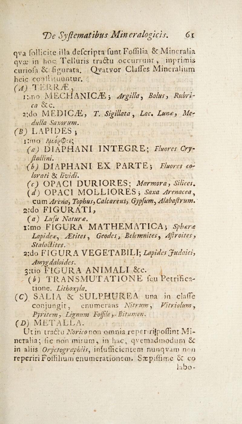 qv.i follicite illa defcripta funtFoffilia. St Mineralia qvx in hoc: Telluris traftu ocaimmt, mprimis curiofa & figurata. Qvatvor ClaiTes Mineralium heic confutuuntur. . (A) TKRIliE, i:,no MECHANICAE s Argilla, Bolus> Rubri¬ ca &c\ 2\do M EDICiE? T. Sigillata 5 Ztf r • Z## ^ J/e- dulla Saxorum. LAPIDES 5 ' ' * ^ i :mo A/&0(*(pci* (a) DIAPHANI INTEGRE; Fluores Cry- fiallini, (b) DIAPHANI EX PARTE 5 Fluores co~ /oirn t/ 11 <7 * 7 ni (C) OPACI DURIORES; Marmora, Silices. (d) OPACI MOLLIORES •y Saxa Arenacea, cum Arena> Tophus, Calcareus, Gypfum5 Alabaflrum. 2!do FIGURATI/ (tf) Z///# Natura. i:mo FIGURA MATHEMATICA> Spb*r* Lapi de £, FEtites, Geodes 9 Belemnites, Afiroites > St a luci ites, 2:do FiGURA VEGETABILI; Lapides Judaici, Amypdaloides. jriio FIGURA ANIMALI &c. ^ (i) TRANSMUTATIONE feu Petri fi ca¬ none, Lithoxyla. (C) SALIA & SULPHUREA una in clade conjungit, cnumer a v% $ ZV/.truni, Vi trio lum y Pyritem, Lignum Fojfile, • Bitumen. (D) METALLA. ‘ . Utin trnftu Norico non omnia rencririfpoffint Mi¬ neralia; lic non mirum, in hac, qvemadmodum £c in aliis Orjktographiisy miiifacxcnicm nunqvam non repcririFoilihuni enumerationem. Sxpifiime cie eo 1 a S o *