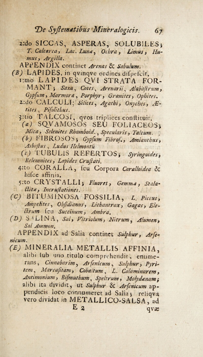 z:do SICCAS, ASPERAS, SOLUBILES} T. Cale are a, Lac. Luna, Ochra , Limus > Hu- mus y Argilla. APPEN DIX continet Arenas & Sabulum. (B) LAPIDES, in qvinqve ordines difpefcit. i:mo LAPIDES C^VI STRATA FOR- M A NT j Saxa, , Arenarii, Alabaftrumy Gypfum y Marmora, Porpbyr > Gr anites y Qphites. Z:do CALCULI: Silices, Agat hi y Onyches y AS- tites, Pifolithus. jrtio TALGOSI, qvos tripi ices conttituir, 60 SQVAMOSOS SEU FOLIACEOS* Mica y Selenites Rhomboid., Specularis y Talcum. (b) b IBROSOS > Gypfum Fibrofy Amianthusy Asbeftus , Ludus Helmontu (c) I U B U L i 5 R E F E R T O S £ Syringoides y Belemnitesy Lapides Crujiati\ 4’to CORaLLA, (eu Corpora Coralloidea ic hifce affinia. 5: to CR \ S T A L L15 • Fluores y Gemma y St ala- , Incrufiationes. fO BITUMINOSA FOSSILIA, Z. />/„*,, AmpeHtes, Obfidianus y Lithantrax y Gagas y Ele¬ ctrum feu Succinum y Ambra. f DJ SALINA, JW, Vi trio lum y Nitrum, Alumen t Sal Ammon» APPENDIX ad Salia continet Sulphury Arfe* ni cum, (E) MINERALIA. METALLIS AFFINIA, alibi iub uno titulo comprehendit, enume¬ rans, Cinnabarim, Arfeni cum ? Sulphur y Pyri~ tem, Marcafitam y Coha i tum , Z. Cala minar em , Antimoniumy Rifmuthum, Speltrum, Molydanam, ai ibi ita dividit, ut Sulphur & Arfenicum ap¬ pendicis loco connumeret ad Salia , reiiqva vero dividat in METALLICO-SALSA , ad