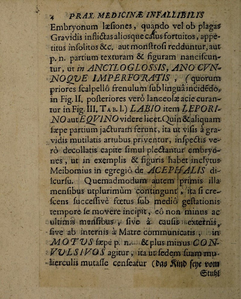 -4 PRAX MBDICINM Z&FAlLlB/irS Embryonum laefiones, quando vel ob plagas Gravidis infli&as atiosque cdfus fortuitos, appe¬ titus infolitos &c, aut monftrofi redduntur, aut p. n. partium texturam & figuram nancifcun- tur, ut in ANCTLOGLOSSIS, ATO CF^ISf^ JTOQVE IMPERFORATIS » ('quorum priores fcalpello frenulum fublinguaincidedo^ in Fig.H, pofleriores vero lanceola aeie curan¬ tur inFig. III* Ta b. I.) LABIO item LEPORE JS10 autEQVINO videre licet.Quinik aliquam fope partium jadturam ferunc, ita ut vifis a gra-' vidis mutilatis artubus priventur, infpedtis ve-1 ro decollatis capite fimul plebantur embryo¬ nes, ut in exemplis Sc figuris habet jncfytus* Meiboraius in egregio de ACEPFfALlS di- icurlu. Quemadmodum '^utem primis illa' menfibus utplurimum contingunt-» ita fi cret¬ ice ns fucceffive foetus fub medio geflationis tempore- £e movere incipit, eo non minus ac ultimis medfibus ,■ five & caufiS ^extefnisr five’ ab internis k Matre communicatis , in MOTVS faepe p. n. . & plus minus COIT- 'VVLSLVOS agitur, ita ut iedem iuammu- •Merculis mutafie eenfeatur (jftw v