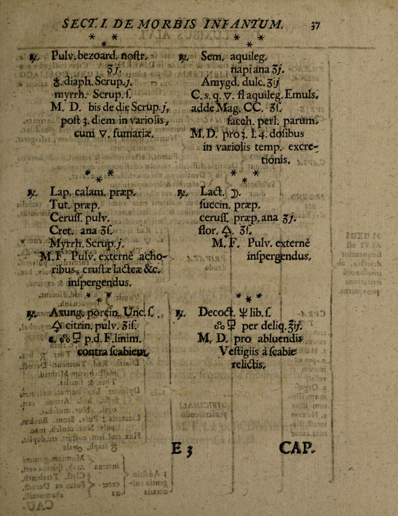 * # * * .... .. * . _ -X- PulVi bezoard. iloftr, Sem. aquileg. o y. napi ana 3/. g.diaph.Scrup./ Amyg<t dulc,3i/ myrrh. Scrup.*€ C. s. q. V. fl aquileg. Emulsj M. D. bis de die Scrup /, adde Mag, CC. 3f, poft j. diem in variolis, faech. perb parunt eum V. fumarise. M D, pro j. 1; 4. ddfibus in varioiis temp. excre- •' ' '' • : . r ■ ' tionis, : * * y. Lap. ealarn. prsep, Tut. prasp. Ceruff. pulv. Oret, ana SC fU3 M.F Pulv. externe acbo« ribus, cruftae ladlex&c^ inipergenduSo w.uiMn# ,ry tf ( /kxutigv porciijv, Unci C.. Q citrin. pulv. Sif. i. o°oji?p.d.F.Iinimv contra fcabieok S •*“ . rr. ' V7 , r V > i .06;i VttMy vfefifJiiM yin '■ ~ .tlUctt > i* fuccin. prxp. ceruff. pracp. ana 3/. flor. Q. SC M, r, Pulv. externe ! 1 , i infpergjendus-, ) ! 1 * % * Decod.5j^ lib. C | *v 009 perdeliq.fi/ Hr D. pro abluendis | V effigiis a fcabie i relidis,. I - : v’, j T : ' . j ' •'