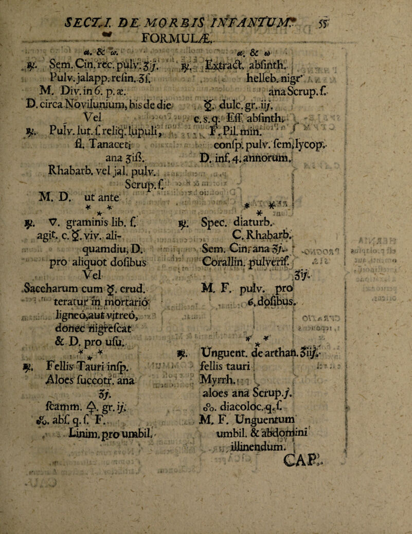 et, 8c u\ Sb FORMULA. et , 6C « it abfihth.- helleb.nigr’ h & anaScrup.fi- • < * • V ty- Sem. Cin. rcc. piilv. Ji/V i Pulv.jalapp.rcfin.5h M. Div. in 6. p.se. D. circa-Noyiluniuni) bis de die Vei . dulc.gr.-ii/. c. s.q: ElF abfinthi Jg* PuIy.lutCreliq.Iupuli, J F. Pii. miri: i fi. Tanaeeti eonfp. pulv. femjycopv anajii?. D. inf. 4. annorum. Rhabarb, vel jafi pulv., ' ; ; Scrup.fi;' f:n M. D. ut ante * r. 01 1 * * 9. V. graminis lib. fi. agit. c. £T vir. ali¬ quamdiu, D. pro aliquot dofibus Vel Saccharum cum £>. erud. teratur ih mortario^ - .< 1 li v Ia w> » ligneo^aut vjtreo, donec riigtcfcat & D. pro ufii.- i A >2 ' u; Spec. diaturb.- C. Rhabarb,, Sem. Cinnana 3/^ • < CoraJlin. pulverif. ,57 M. F. pulv. pro5 ; 6, dofibus. , 'VOJ\ i 6* I ** ¥ * j t ? < oq?t * * * tji. Fellis Tauri inlp. Aloes Tuccotri ana & ftamm. gr. ij, «&, abfiq.C F.. ; Linim.proumbiL ?• Unguent. dearthati.oii fellis tauri ■ < ' 'V aloes ana Scrup./V o°o. diacoloc. q. fi M, F. Unguentum umbil. &abdoniini l ; V .Ij illinendum, i > V. )