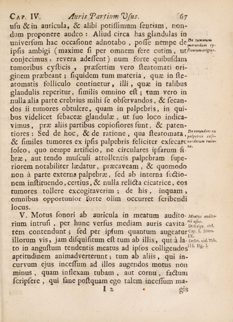 ufu&in auricula, & alibi potiflimum (cntiam, non¬ dum proponere audeo : Aliud circa has glandulas io univerfum hac occafione adnotabo , poffe nempe ipfis ambigi (maxime fi per omnem fere cutim, utJtiC9rum*ri&™e° conjecimus? revera adeflent) num forte quibufdam tumoribus cyfticis , prasfertim vero fteatomati ori¬ ginem praebeant ; fiquidem tum materia , qux in fte- atomatis folliculo continetur, illi , quse in talibus glandulis reperitur, fimilis omnino eft; tum vero in nulla alia parte crebrius mihi fe obfervandos, & fecan- dos ii tumores obtulere, quam in palpebris, in qui¬ bus videlicet febaceas glandulae , ut fuo loco indica¬ vimus, prae aliis partibus copiofiores funt, & paten- tiores : Sed de hoc, & de ratione, qua ftearomata & fimiles tumores ex ipfis palpebris feliciter cxkca.rtta:,d9Tumr‘uU- ioleo, quo nempe artificio, ne circulares ipfarum fi-* bras, aut tendo mufculi attollentis palpebram fupe- riorem notabiliter lasdatur, praecaveam , & quomodo non a parte externa palpebras, fed ab interna fedfcio- nem inftituendo, certius, & nulla relicfta cicatrice, eos tumores tollere excogitaverim ; de his, inquam , omnibus opportunior forte olira occurret feribendi locus. V. Motus fonori ab auricula in meatum audito- Meatus audst&° rium intrufi , per hunc verfus mediam auris cavita-^£^p’t ^ tem contendunt; fed per ipfum quantum augeatur^p L Num* illorum vis, jam difquifitum eft tum ab illis, qui a la-Ddin.viarak to in anguftum tendentis meatus ad iplbs colligendos11L Fl§*l- aptitudinem animadverterunt; tum ab aliis, qui in¬ curvum ejus inceflum ad illos augendos motus non minus , quam inflexam tubam , aut cornu , fabtum fcripfere , qui fane poftquam ego talem inceflum ma- / 1 z •