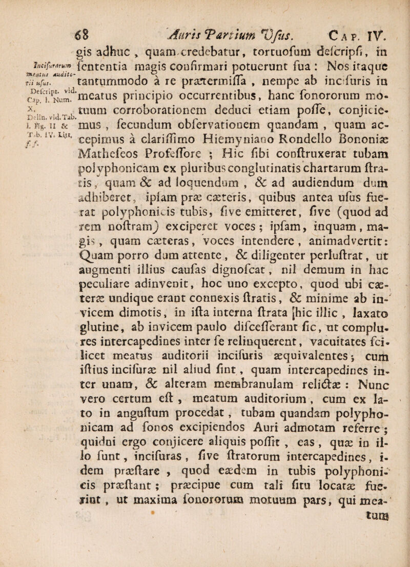 gis adhuc , quam credebatur, tortuofom defcripfi, in incisarum fcntentia magis confirmari potuerunt fua : Nos iraque Pactus audito- . R. ./<*-• I . r * - viiufrs. tantummodo a re prartermifla , nempe ab incuuris m op1TPNum.d’mearus principio occurrentibus, hanc fonororum mo« clih. vid.Tab. r i t r • » i Fig. n & mus , lecundum obiervanooem quandam , quam ac- r.b. iv.Lut. cepjrinis ^ clariffimo Hiemyniano Rondello Bononiae Mathefeos Profertote ; Hic fibi conflruxerat tubam polyphonicam ex pluribus conglutinatis chartarum ftra- iis,' quam & ad loquendum , & ad audiendum dum adhiberet, iplam prse exteris, quibus antea ufus fue¬ rat polyphonkis tubis, five emitteret, five (quod ad rem noftramj exciperet voces; ipfam, inquam, ma¬ gis , quam ceteras, voces intendere, animadvertit: Quam porro dum attente , & diligenter perluftrat, ut augmenti illius caufas dignofeat, nil demum in hac peculiare adinveoit, hoc uno excepto, quod ubi cas- terx undique erant connexis ftratis, & minime ab in-' vicem dimotis, in ifta interna ftrata [hic illic , laxato glutine, ab invicem paulo difceflerant fic, ut complu¬ res intercapedines inter fe relinquerent, vacuitates fci- licet meatus auditorii incifuris xquivalentes *, cum iftius inciiurx nil ahud fint, quam intercapedines in¬ ter unam, 8c alteram membranulam reii&x : Nunc vero certum eft , meatum auditorium , cum ex la¬ to in anguftum procedat, tubam quandam polypho¬ nicam ad fonos excipiendos Auri admotam referre; quidni ergo conjicere aliquis portit , eas , qux in il¬ lo funt, incifuras , five (Iratorum intercapedines, i- dem prxftare , quod eaedem in tubis polyphoni- cis praedant; praecipue cum tali fitu locata fue¬ rint , ut maxima fonororum motuum pars, qui mea- • tum