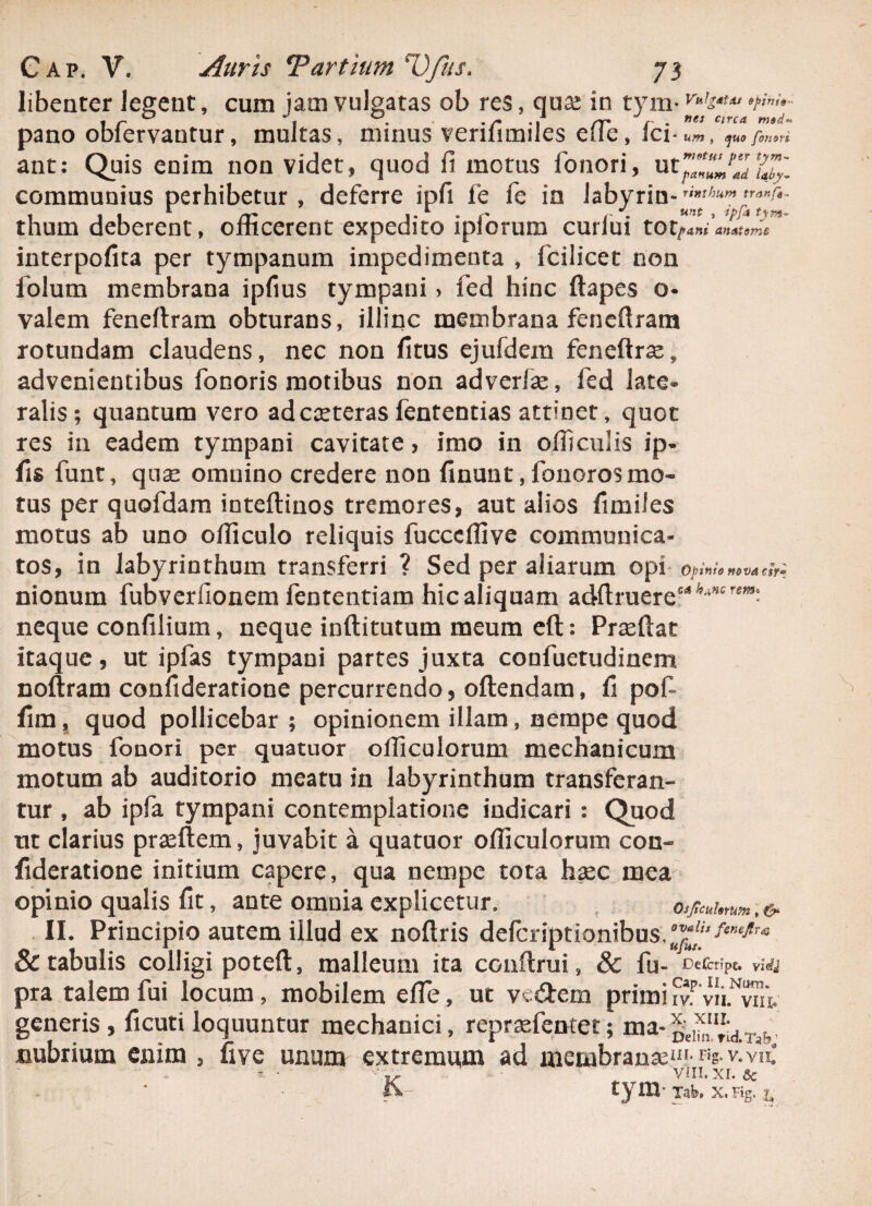 libenter legent, cum jam vulgatas ob res, qua; in tym- | I . • • /* • I /V r * ft€S ClYCA 9V6da* pano oblervantur, multas, minus vermemles eile, ici- fcw , ijno fonori ant: Quis enim non videt, quod fi motus Tonori, ut communius perhibetur , deferre ipfi fe fe in labyrin-^«^r^“ thum deberent, officerent expedito ipforum curlui to interpofita per tympanum impedimenta , fciiicet non iolum membrana ipfius tympani > fed hinc ftapes o- valem feneftram obturans, illinc membrana fenefiram rotundam claudens, nec non fitus ejufdem feneftrse, advenientibus fonoris motibus non adverlae, fed late¬ ralis; quantum vero adcaeteras fententias attinet, quot res in eadem tympani cavitate, imo in officulis ip- fis funt, quae omnino credere non finunt, fonoros mo¬ tus per quofdam inteftinos tremores, aut alios fimiies motus ab uno officulo reliquis fucccffive communica¬ tos, in labyrinthum transferri ? Sed per aliarum opi Opinio nova cir* nionum fubverfionem fenrentiam hic aliquam adftruere14 ^^ neque confilium, neque inftitutum meum eft: Prseftat itaque, ut ipfas tympani partes juxta confuetudinem noftram confideratione percurrendo, oflendam, fi pof fim, quod pollicebar ; opinionem illam, nempe quod motus fonori per quatuor officulorum mechanicum motum ab auditorio meatu in labyrinthum transferan¬ tur , ab ipfa tympani contemplatione indicari : Quod tit clarius praeftem, juvabit a quatuor officulorum con¬ fideratione initium capere, qua nempe tota haec mea opinio qualis fit, ante omnia explicetur. w,& II. Principio autem illud ex noftris defcriptionibus,^^^43 & tabulis colligi poteft, malleum ita confirui, & fu- cefcnpt. vijj pra talem fui locum, mobilem efie, ut vc&em primi?vp vn.NvnV generis, ficuti loquuntur mechanici, repraefentet; ina-^11^^, nubrium enim , five unum extremum ad membranae^ rigv-vi£ V „ viii. xi. & iv tym Tab. x.Bg. t