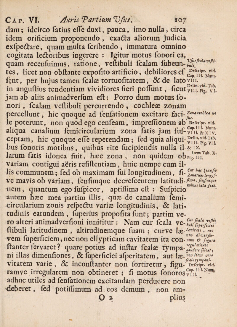 dam; idcirco fatius efic duxi, pauca, imo nulla, circa idem orificium proponendo , exadta aliorum judicia exfpedtare, quam multa fcribendo , immatura omnino cogitata le&oribus ingerere : Igitur motus fonori ea, quam recenfuimus, ratione, veftibuli fcalam fubeun tes, licet non obftante expolito artificio, debilioresef fent, per hujus tamen fcalae tortuofitatem, & de latovrii. ' in anguftius tendendam vividiores fieri pofiunt, ficutvuT. pl5.vt jam ab aliis animadverfum eft: Porro dum motus fo- nori , fcalam veftibuli percurrendo , cochlece zonam percellunt, hic quoque ad fenfationem excitare faci-jPM,wW le poterunt, non quod ego cenfeam, imprefiionem ab Defcdpt. vici, aliqua canalium femicircularium zona fatis jam fuf-v?ii.&xiv! ceptam, hic quoque efie repetendam; fed quia aliqui»yin.’Jlg vu’ bus fonoris motibus, quibus rite fucipiendis nulla il &ix. larum fatis idonea fuit, hxc zona, non quidem obFig. ni ’ variam contigui acris refiftentiam, huic nempe cum il¬ lis communem; fed ob maximam fui longitudinem, fi- ve mavis ob variam, fenfimque decrefcentem latitudi nem, quantum ego fufpicor, aptiflima eft : Sulpicio””* autem haec mea partim illis, quae de canalium femi¬ circularium zonis refpetftu variae longitudinis, & lati¬ tudinis earundem , fuperius propofita funt; partim ve¬ ro alteri animadverfioni innititur : Nam cur fcala ve-^/^t/^ ftibuli latitudinem , altitudinemque fuam ; curve lx Uvitate » vem fuperficiem,necnon ellypticam cavitatem ita con * nam & figura ftanter fervaret ? quare potius ad inftar fcalae tympa^r/^Ls ni illas dimenfiones, & fuperficiei afperitatem, aut Ix-mn ittm ve™ vitatem varie , & inconftanter non fortiretur, figu . Dcfcript. vid. ramve irregularem non obtineret ; fi motus fonoroSvTn'111^ adhuc utiles ad fenfationem excitandam perducere non deberet, fed potiflimum ad eos demum , non am- O x pliuS