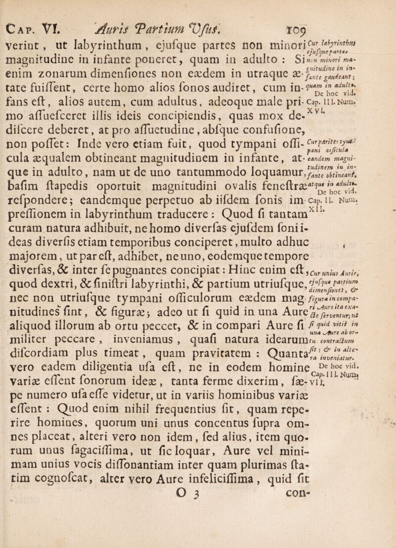 verint, ut labyrinthum , ejufque partes non minori magnitudine in infante poneret, quam io adulto : Si non minori enim zonarum dimenfiones non esedem in utraque *• tate fuident, certe homo alios fonos audiret, cum in^M4Tf \n adlilt.\' fans eft, alios autem, cum adultus, adeoquc male pri- Cap. 111. Num* mo aftuefceret illis ideis concipiendis, quas mox de-xvi* difcere deberet, at pro afTuetudine,abfque confufione, non podet: Inde vero etiam fuit, quod tympani odi- l 1 J r pani osjicuta cula aequalem obtineant magnitudinem in infante, at * eandem magm- que in adulto, nam ut de uno tantummodo loquamur^tZTbtlnelnl bafim ftapedis oportuit magnitudini ovalis feneftrae4^*^^ refpondere; eandemque perpetuo ab iifdem fonis im cap. 11. Num» predionem in labyrinthum traducere : Quod fi tantamxll‘ curam natura adhibuit, ne homo diverfas ejufdem fonii- deas diverfis etiam temporibus conciperet, multo adhuc , majorem, ut par eft,adhibet, neuno,eodemquetempore diverfas, & inter fe pugnantes concipiat: Hinc enim quod dextri, & finiftri labyrinthi, & partium utriufque, nec non utriufque tympani odiculorum eredem mag • figura in com^d-' nitudines- fint, & figura;; adeo ut fi quid in una AureaTfiZmunTe aliquod illorum ab ortu peccet, & in compari Aure fi /,«*«** >'» ,A ! /• 1 * 1 una ^ure or militer peccare , inveniamus , quali natura idearum tu contractum difeordiam plus timeat, quam pravitatem : Quantaf'\TvtnUtur' vero eadem diligentia ufa eft, ne in eodem homine CaDe hoc vid; variae edent fonorum idere , tanta ferme dixerim, fae-vii! ** U*J pe numero ufa ede videtur, ut in variis hominibus varias edent : Quod enim nihil frequentius fit, quam repe* rire homines, quorum uni unus concentus fupra om¬ nes placeat, alteri vero non idem, fed alius, item quo¬ rum unus fagacidima, ut ficloquar, Aure vel mini¬ mam unius vocis didonantiam inter quam plurimas fta- tim cognofcat, alter vero Aure infeliciftima , quid fit O 3 con-