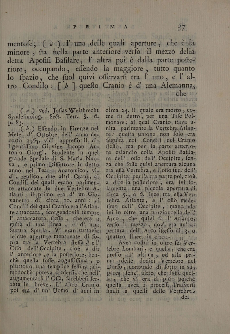 + CÀ (a) ved. Jofias Weitbrecht Syndefmolog. Sed. .Tert. Speri st pa 83.00 siii ) Elfendo. in Firenze nel Mefe.. d Ottobre. dell’ anno de» corfo. 1765. vidi appreffo: il, di. ligentiffimo Giovine. Jacopo Ans, tonio Giorgi, Studente in .quel, grande Spedale di S. Maria, Nuo- va , e primo Diffettore in detto. anno. nel Teatro; Anatomico., vi-. di, replico , due altri. Cranj;, ai Condili dei quali. erano, parimen- te attaccate le due: Vertebre. A. tlanti ; il, primo: era .d’ un.Gio- vanetto. di. circa 10, anni : ai Condili del qual Cranio era l’Atlan- teattaccata., fcorgendovifi fempre, 13 attaccatura, ftefla , guifa id’, una .linea., ed’ Ollo . dell’ Occipite., cioè a. dir anteriore ,,e la pofteriore, ben- chè quefta foffe,, anguftiffima:,. 0. piuttolto. una femplige feflura,; CA ‘modochè poteva. cerederfi, che nell”. rata in. breve. .L’ altro. Cranio poi era .d* un Uomo d’ anni in | che circa 24. il quale. era morto , CO-: me fu detto, per una Tife Pol- monare ; al qual .Cranio, fava u- nita, parimente.la Vertebra Atlan- te: quefta unione non folo era feguita . coi .Condili . del. Granio ftefflo, ma; per: la. parte antetio», re eziandio colla Apofifi Bafila= re dell’. offo : dell’. Occipite, fen- za che fofle quivi apertura alcuna tra efla Vertebra,.el’offp fud: dell’ Occipite: per l’altra parte poi,cioè, a .dire-da. pofteripre , era ivi fo. lamente.. Lage, ‘pigcola. apertura.di, circa 5,0 6. lince. tra, effa Vere tebra Atlante, e ..l’ offo medee fimo dell’. Occipite., : mancando ivi in oltre. una. porzioncella, dell? Arco, sche «quivi fa..l Atlante, verfo il mezzo, dov. era un’ ia- pertura.. dell’, Arco i&amp;teflo. di. 13% (osa) quattro. linee, vin (Cigcarviteni. Vin Avea coftui.in, oltre, fei Vo | tebre. Lombari, e. quella, ‘che era preffo. all’ ultima, od alla pri» ma sidelle. dodici .Verrebre del Dorfo scontando di, fotto.in su». parea fenz., valtio; che) fulfe quel-. la, “che Vv}, Gra. di. più: poichè quefta.,avea, i. procelli, Trafverfi timili ca cai delle venirne I npede