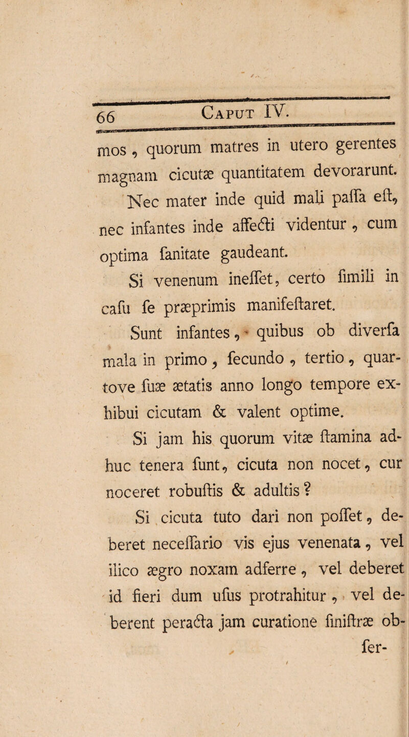 mos, quorum matres in utero gerentes magnam cicutae quantitatem devorarunt. Nec mater inde quid mali palla eft, nec infantes inde affedli videntur , cum optima fanitate gaudeant. Si venenum ineffet, certo fimili in cafu fe prseprimis manifeftaret. Sunt infantes , - quibus ob diverfa mala in primo , fecundo , tertio , quar- tove fuse aetatis anno longo tempore ex- •\ bibui cicutam & valent optime. Si jam his quorum vitae flamina ad¬ huc tenera funt, cicuta non nocet, cur noceret robuftis & adultis? Si cicuta tuto dari non polfet, de¬ beret necelfario vis ejus venenata, vel ilico aegro noxam adferre , vel deberet id fieri dum ufus protrahitur, vel de¬ berent pcradla jam curatione finiftrae ob-