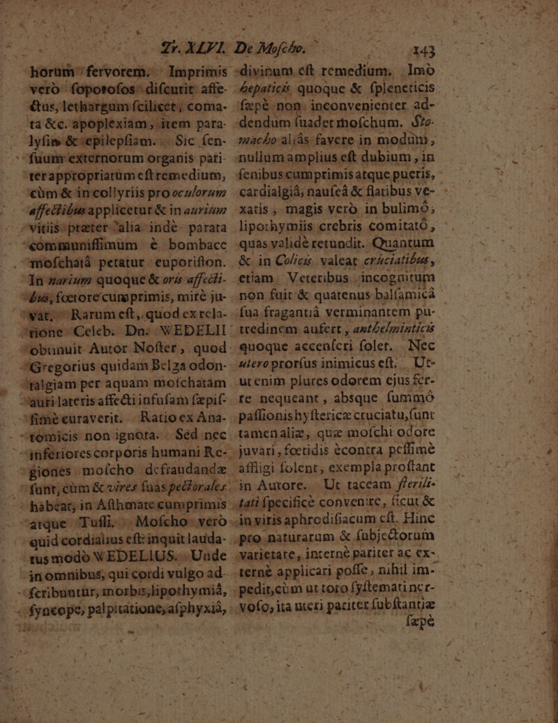 Ts * horüm feremus Imprimis vero. fopotofos- difcutit. affe- s, lethargum fcilicet; coma- tà &amp;c. apoplexiam, item pata- . Sic fen- €üm &amp; in collyriis pro ecz/orzm mofchatá petatur - euporifton. at, Rarum cft, quod ex rcla-- ^obunuit Autor Nofter ,. quod Gregorius quidam Bcl22 odon- palgiam per aquam mofchatam autilateris affecti infufam fzpif- fime curaverit. - Ratio ex Ana. tomicis non ignota. Sed nec. tusmodo VEDELIUS. . Unde Sand pt fbeticipipinodi,: T «X (343 ;lmo faepe: non. inconvenienter ad- nacho. aliás. favere i in modum, 9x fenibus cumprimis atque pueris, cardialgiá, naufcá &amp; flatibus ve- xatis , magis vcro. in bulimó; lipothymiis crebris €omitató , &amp;. in Cuies. valeat ericiatibus, etiam | Veteribus .incognitui non fuit &amp; quatenus balfamicà ttedinem aufert , antZelminticis quoque accenferi folet. - .Nec uiero prorfus inimicuseft. Ut- te nequeant, absque fummó .paffionishyttericz cruciatu, funt tamenaliz, que mofchi odore juvari , foetidis écontra peffimé affligi folent, exempla proftant - Ut taceam f/eri- Ati fpecifice convenire, (icut &amp; pro. naturarum &amp;. abjc&amp;orui tern applicari poffe , nihil im- Nolgel ità DLeEÀ perite fabftantiz fspé