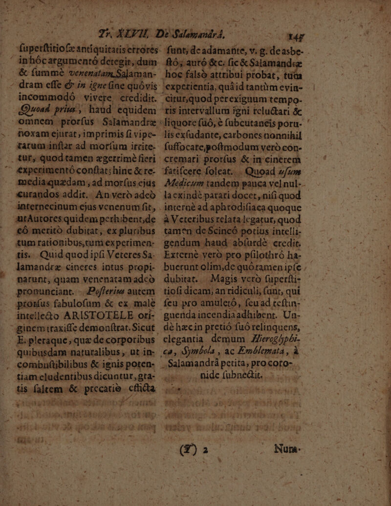 LI E: petftitio (zc sníquitatisetrorés inhócargumentó ? detegit, dum. r2 fummé. venenat. ^ iman- dincommodó vivere. credidit. — Quoad. prins; haud equidem omnem prorfus. Salamandre noxam ejurat; imprimis (i vipe- tarum inflar ad moríum ircite-- Dii quodtamen egerrimé fieri erimentó conftat; hinc &amp; re- iaquzdam ; ad mor(us ejus eene os addit... An vero adeb internecinum ejus venenum fit, uA tores quidemperhibentde ; €Ó merito dubitat, ex plu ribus tum rationibus.cum ex perimen- tis... Quid quod ipfi Veteres Sa- lamaadez cineres intus propi- narunt, quam venenatamadcó pronunciant. Pofferina autem pronus fabulofum &amp; ex. male intelle&amp;o ARISTOTELE oti- . E: pleraque; qua de corpotibus quibusdam naturalibus ,. ut in- . tiam eludentibus dicuntur, gta- €^ 3*1 4 w 24 qu i s Tb » e) i PESE. B3 Wit Se da bobpcméroa t 9153 ; JE e BG | L' jj ftó; autó &amp;c. (ic &amp; Salaman hoc fals. attribui probat, tüm 'expetientia, quá id tantiim evin- eiturquod pet exiguum tempo. ris intervallum igni tclu&amp;ari &amp; lis ex(adante, carbones nonnihil fi uffo ca tepoftmod uni vero cón- cremari prorfus. éin'cinerem - fatifcere. foleat.. . Quoad uum à Vcteribusi Eelate; le gatut, quod tamen dc Sc gendum haud. iabüsrds credit. | | dubitat... ,: Magis vcro (upetfti- tiofi dicam, an ridiculi, (unr, qui guenda incendia adhibent. Un- dé hecin pretió fuó relinquens, ca, Aymbola , ac Exiblemata , à .Salamandrá petita; procoto-. | ps mide fubnedir., Y»