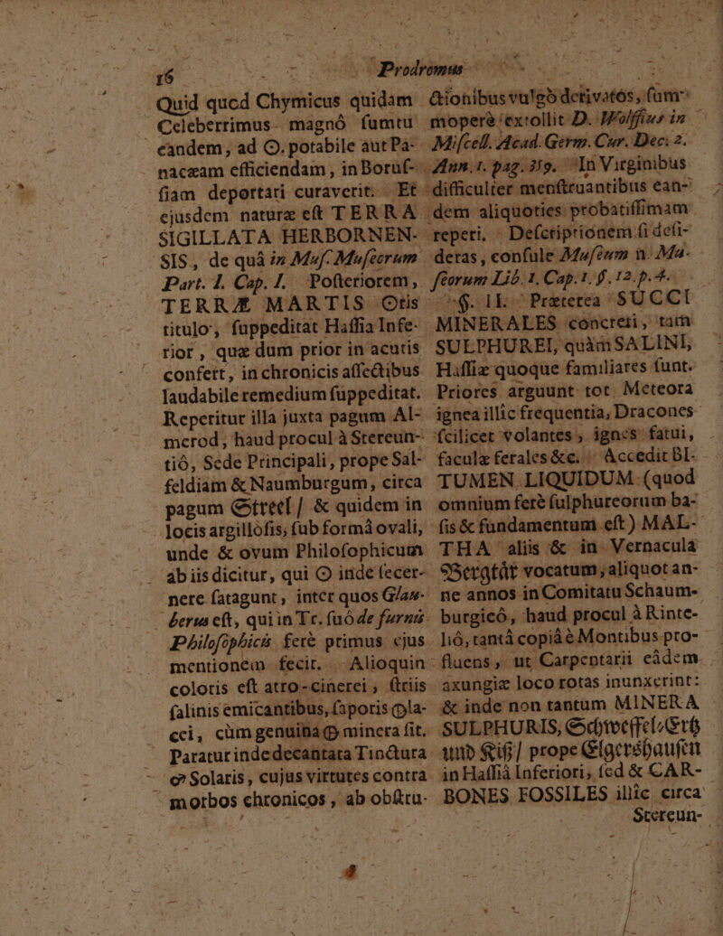 15 POOL j Quid qucd Chymicus wüpitin Celeberrimus- magnó füumtu' candem, ad O. potabile autPa-- - paceam efficiendam , in Boraf-- fiam deportari curaverit. - ejusdem nature eft TER RA. SIGILLATA HERBORNEN-- SIS, de quà i» Muf Mefeerum Part. 1. Cop. I, Potteriorem,. TERRAE MARTIS Otis - titulo fuppeditat | Haffia Infe- fior, que dum prior in acutis. confett , in chronicis affedtibus -Jaudabileremedium füppeditat. Reperitur illa juxta pagum Al- tió, Sede Principali, prope Sal- feldiam &amp; Naumburgum, citca pagum GCttrec[ /.&amp; quidem in locis argillófis; fub formá ovali, unde &amp; ovum Philofophicum . éeria cft, qui in Tr. faó de furni . Jhilofópbicá fer&amp; primus cjus . mentionem fecit. Alioquin: coloris eft atro-cinerci , firiis (alinis emicantibus, faporis Qla- ^€ci, cüm genuitia (p minera fiti « Paraturindedecantata TinQtura ipuos €hronicos , ab obüa: Mi[cell. Acad. Germ.Cur. Dec. 2. Aun. i. pag. 35g. sam Virginibus repeti, detas , confule Mw/féwm n. Ma- farum Lib 1, Cap. 1. 12. p. 4. n6. IE 7 Praeterea. SUCCI SUEPHUREI, quim SALINL TUMEN. LIQUIDUM: (quod omnium feré (ulphureorum ba- burgicó, haud procul à Rinte- axungiz loco rotas inunxerint: ib Sii] prope Glgerébaufe 4n Haffiá [Inferiori, (cd &amp; CAR- |
