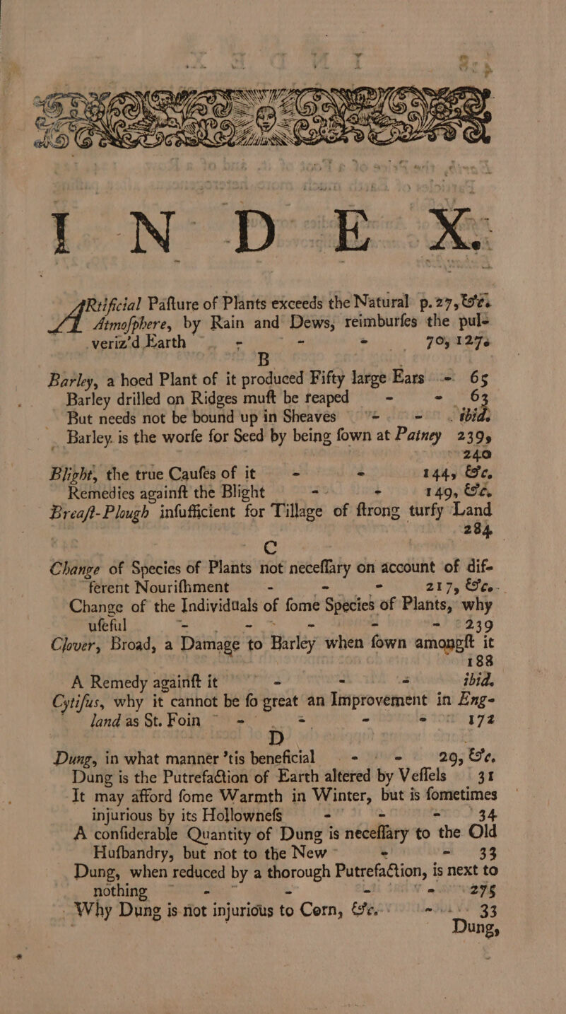 B Barley, a hoed Plant of it produced Fifty large Ears - 65 Barley drilled on Ridges muft be reaped =~ - 6 _ But needs not be bound up in Sheaves + ibids _ Barley. is the worfe for Seed by being fown at Painey 239, i itty oe Blight, the true Caufes of it - - 144, &amp;e, Remedies againft the Blight - = 149, &amp;e, | Breaft-Plough infufficient for Tillage of ftrong turfy Land ap. : | : ha Change of Species of Plants not neceflary on account of dif- “ferent Nourifhment - Ne) Ae 217, See. Change of the Individuals of fome Species of Plants, why ufeful Be, MIR tM - §239 Clover, Broad, a Damage to Barley when fown amongpit it : 188 A Remedy againft it > - - ibid. Cytifus, why it cannot be fo great an Improvement in Enge land as St. Foin ~ =~ = ~ = tom 372 Dung, in what manner ’tis beneficial - © = 29, &amp;e. Dung is the Putrefaftion of Earth altered by Veffels 31 It may afford fome Warmth in Winter, but is fometimes injurious by its Hollownefs - - - 34 A confiderable Quantity of Dung is neceflary to the Old Hufbandry, but not to the New - - 33 Dung, when reduced by a thorough Putrefaction, is next to nothing ~ - ~ 4 Lfi Tha 275 Why Dung is not injurious to Corn, Se. ss 33