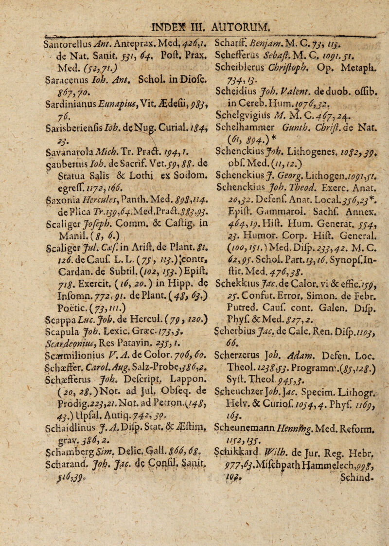 Santorellus Ani. Anteprax. Medf 426,1. de Nat. Sanit. 331, 64, Poft, Prax, Med. (Sh71-) Saracenus Ioh. Ant. Schol. in Diofc, &gt;70. Sardinianus Eunapm, Vit. JEdefli* 383^ 76' Saiisberienfis/^. deJNug. Curiai. 184, *3' M SavanarolaMicb.Tx. Prad. m*r- gauberms Ioh. deSacrif. Vqi.jp, 88- de Statua Salis &amp; Lothi ex Sodom. egreff. 1172, 166, Saxonia Hercules, Panth. Med. 898,^4. de Plica 2&gt;. M e d. P r a Sti_8 83 ,93. Scaliger Jofepb. Comra, &amp; Caltig, in Manii.{8, 6.) Scaliger Jul. Caf. in Arift. de Piant. 8U deCauP L.L. (73, /7^.)Jcontr&gt; Cardan.de Subtil.(/02, /fy.)Epift. 718. Exercit, {16, 20.) in Hipp. de Infomn. 772,91. de Piant, [48) 63I) Poetk,(#,f//.) Scappa Luc. Job. de Hercul. ( 79 , 120.) Scapula Job. Lexic. Gtxq. 173,3. Scardeonm, Res Patayin, 233, 1. Scairmilionius V. A. de Color. 706, 60. Schasffer. Carol.Aug. Salz-Probe,^^. Schsefferus Job. Defcript. Lappon. (20, 2^)Not. ad Jul. Obfeq. de Prodig.^^/.Not. ad Pecron.^^, 43.) Upial. Antiq. 742,30, Schaidhnus J. A&gt; Difp. S^t. de iEftira. grav, 386,2. Scharnberg §tm. Delie. &lt;5all.$&lt;% 6$. Scharand. Job, Jao. de CprJU, Sanif? * ■ . -■ ’ * Scharff. Benjam. M. C. 73, 113. SchefFerus Sebafl. M, C, wpi.ji, Scheiblerus Chrifloph, Op, Metaph. 73 AAS' Scheidius Job. Valent. deduob. offib* in Cereb. Hum. 107 632. Schelgvigius M. M. C. 4 67,24. Sehelhammer Gunth. Cbrifi.d.Q Nat. iPh S94-) * Schenckius Job. Liihogenes. 1082,39. pbbMed.(//, /2.) Schenckius J. Georg, Lichogen./^/,//. Schenckius Job. Tbeod. Exerc. Anat. 20,32. Defenf. Anat. Local. 33 6,23*. Epift. Gammarol. Sachf. Annex. 464,19. Hift. Hum. Generat. 334, 23. Humor. Corp. Hift. General. (jooy 131.) Med. Diip^yy,42. M. C. 62,93. Schoi. Part.13,16. SynopOn- ftit. M^Qd.476,38. Schekkius Jac. de Calor, vi &amp; efEc.&gt;y_p, 23. Confut. Error. Simon. de Febr. Putred. Canf. cont, Galen. Difp. Phyf. &amp; Med. 827,2. Scherbius Jac. de Cale, Ren. Difp.i/oj, 66. Scherzerus J oh. Adam. Defen. Loc. Theol. 1238,33. Programm.(y/,/2y.) Syft. Theol 943,3. Scheuchzer]ob.]ac. Specim. Lirhogr. Helv. &amp; CurioE 1034,4. PhyE 1169} 163. Scheunemann Hennjfng. Med. Reform. 132,133. Sdiikkard Wilb. de Jur. Reg. Hebr, ^775^.Mifcb|)athFJamrne]ech^^ Wfa Schind*