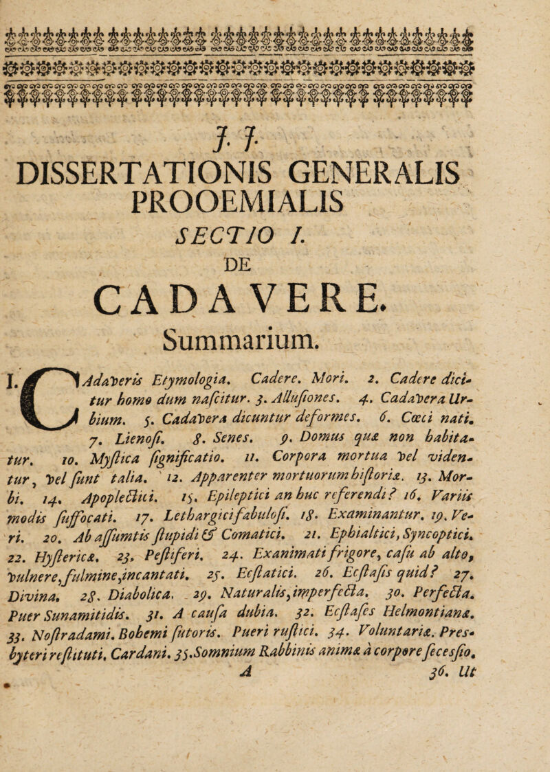 J' 7* DISSERTATIONIS GENERALIS PROOEMIAL1S SECTIO I. DE CADAVERE V Summarium. J, jg^SAdaVeris Etymologia. Cadere. Mori. 2. Cadere dici* B tur homo dum nafeitur. 3. Atlufiones. 4. Cadavera Ur- \ bium. 5. Cadavera dicuntur deformes. 6. Coee i nati. 7. Lienofi. g. Senes. p. Domus qua non habita¬ tur. 10. Myflica (ignificatio. 11. Corpora mortua Vel •viden¬ tur , Velfunt talia. Apparenter mortuorum biforia. 13. Mor¬ bi. 14. Apoplettui. /5. Epileptici an huc referendi? 16. Variis modis fujfocati. /7» Lethargicifabuloji. ig* Examinantur. ip. Ve¬ ri. 20. Ab affumtis fluptdi Comat ici. 21. Ephialtici,Syncoptici. 22. Hyferica. 23. Pefiiferi. 24. Exanimati frigore^ cafu ab alto, Vulnere ^fulmine ^wcantati. 23. Ecfatici, 26. Ecflafs quid? 27. Divina. 28. Diabolica, i 2p. NaturalisfrpperfeBa. 30. Perfetta. Puer Sunamitidis. j/. A caufa dubia. ^2. Ecfafcs Helmontiana. 33. Nofradami.Bobemi fictoris. Pueri ruf ici. 34. Voluntaria. Pres¬ byteri reflituti. Car dani. 3.^.Somnium Rabbinis anima a corporefeces fio, A 36. Ut