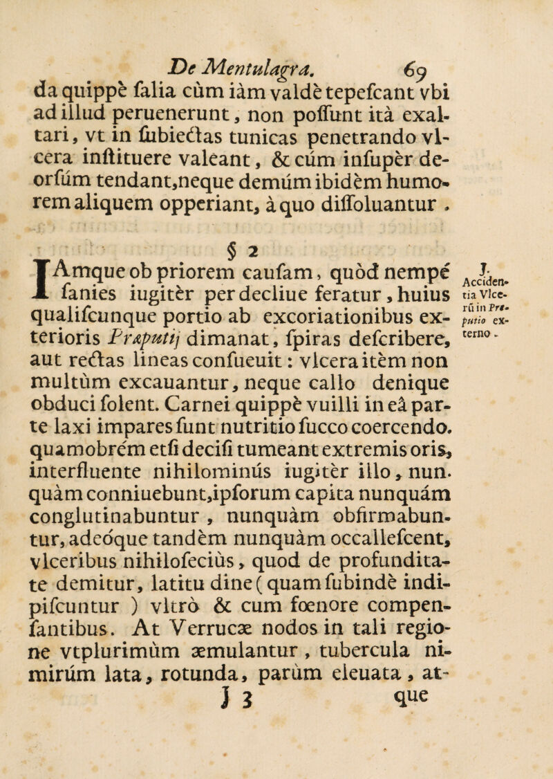 da quippe falia cum iam valde tepefcant vbi ad illud peruenerunt, non poliunt ita exal¬ tari , vt in liibiedas tunicas penetrando vl- cera inftituere valeant, & cum infuper de- orfum tendant,neque demum ibidem humo¬ rem aliquem opperiant, a quo diffoluantur . § 2 ' • IAmque ob priorem caufam, quod nempe AJ^en, lanies iugiter per decliue feratur, huius 4vice, qualifcunque portio ab excoriationibus ex- futio ex¬ terioris Praputij dimanat, fpiras defcribere, tern0‘ aut reftas lineas confueuit: vlcera item non multum excauantur, neque callo denique obduci folent. Carnei quippfc vuilli in e& par¬ te laxi impares funt nutritio fucco coercendo, quamobrem etfi decili tumeant extremis oris, interfluente nihilominus iugiter illo, nun. quamconniuebunt,ipforum capita nunquam conglutinabuntur , nunquam obfirmabun- tur,adedque tandem nunquam occallefcent, vlceribus nihilofecius, quod de profundita¬ te demitur, latitu dine (quam fubinde indi- pifcuntur ) vitro & cum foenore compen- fantibus. At Verrucae nodos in tali regio¬ ne vtplurimum aemulantur , tubercula ni¬ mirum lata, rotunda, parum eieuata, at-