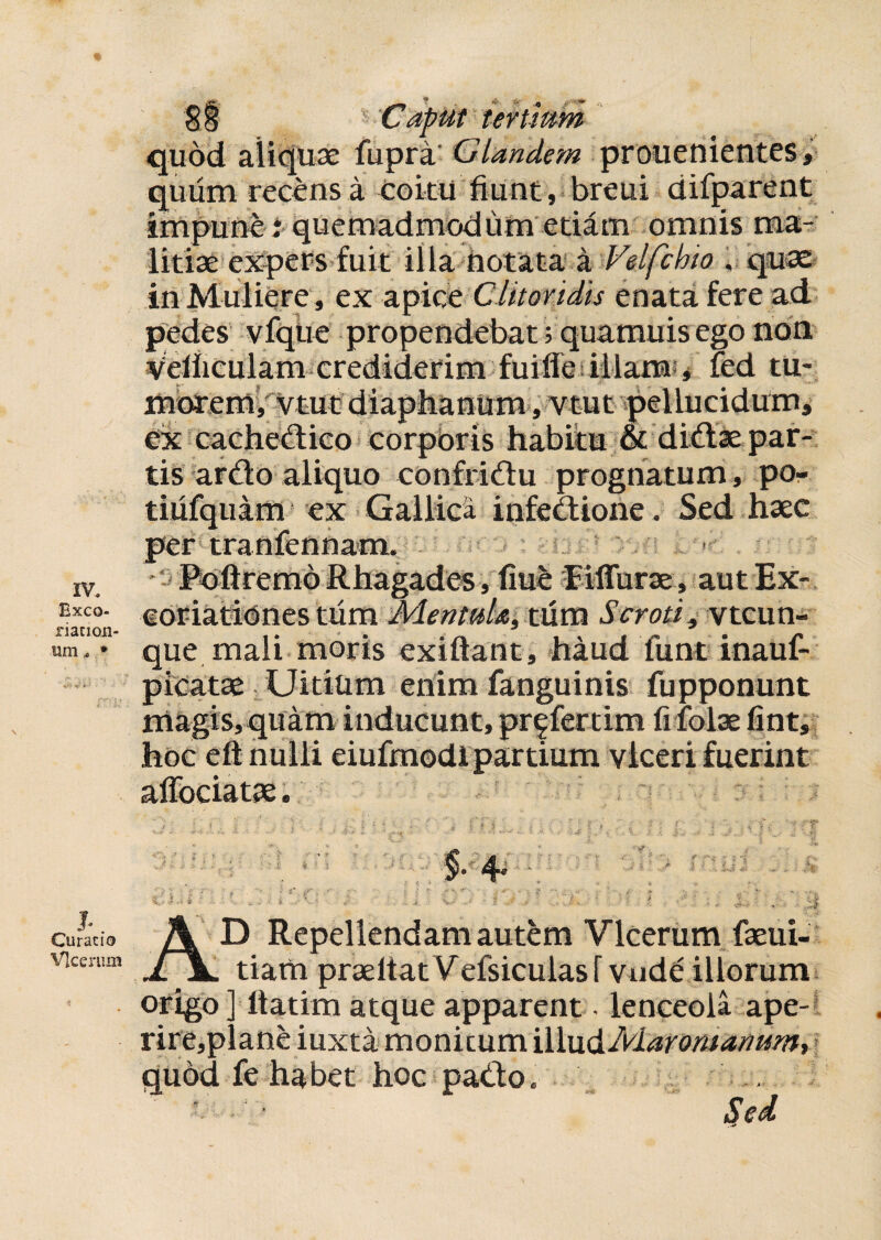 IV. Exco- riacion um. • j. Curatio Vlcerum Sl Caput tertium quod aliquae fupra Glandem prouenientes, quum recens a coitu fiunt, breui difparent impune i quemadmodum etiam omnis ma¬ litiae expers fuit illa notata a Velfc hio , quae in Muliere, ex apice Clitoridis enata fere ad pedes vfqtie propendebat; quamuis ego non velficulam crediderim fuiffe iilams , fed tu- morem, vtut diaphanum, vtut pellucidum, ex cachedico corporis habitu & di£lae par¬ tis ardo aliquo confridu prognatum, po- tiiifquam ex Gallica infedione. Sed haec per tranfennam. * Poftremo Rhagades, fiue Fiflurae, aut Ex- coriatiOnes tum Mentula, tum Scroti, vtcun- que mali moris exiftant, haud funt inauf- picatse Uitium enim fanguinis fupponunt magis, quam inducunt, pr^fertim fi folae fint, hoc e fi; nulli eiufmodi partium viceri fuerint affociatae. AD Repellendam autem Vlcerum faeui- tiam praeltat Vefsiculas l vade illorum origo ] llatim atque apparent • lenceoia ape- rire,plane iuxta monitum illu dMaromanum, quod fe habet hoc pado. . u . - Sed