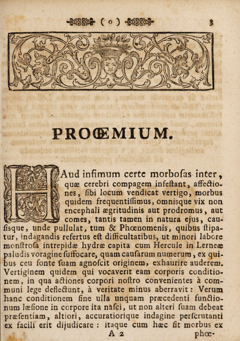 PROOEMIUM. Aud infimum certe morbofas inter, quas cerebri compagem infeftant, affe&io- nes, fibi locum vendicat vertigo, morbus quidem frequentiffimus, omnisque vix non encephali aegritudinis aut prodromus, aut comes, tantis tamen in natura ejus, cau¬ lisque, unde pullulat, tum & Phoenomenis, quibus ftipa- tur, indagandis refertus eft difficultatibus, ut minori labore monftrofa intrepidae hydrae capita cum Hercule in Lerne® paludis voragine fuffocare, quam caufarum numerum, ex qui¬ bus ceu fonte fuam agnofeit originem, exhaurire auderem. Vertiginem quidem qui vocaverit eam corporis conditio¬ nem, in qua attiones corpori noftro convenientes a com¬ muni lege deflefiunt, a veritate minus aberravit: Verum hanc conditionem fine ulla unquam praecedenti funftio- num laefionc in corpore ita nafei, ut non alteri fuam debeat preefentiam, altiori, accuratiorique indagine perferutanti ex facili erit dijudicare : itaque cum haec fit morbus ex