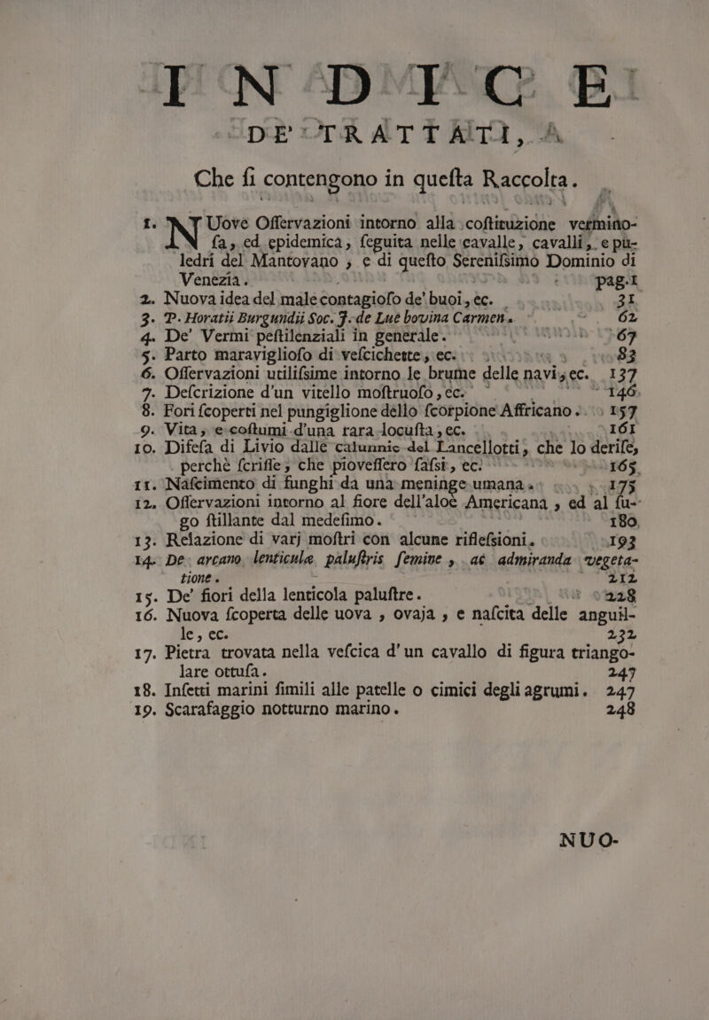 DE UTRATTHAITI. LA Che fl contengono in quefta Raccolta ì I. NE Offervazioni intorno alla. icoftimtidie vefmino- fa, ed epidemica, feguita nelle :cavalle ; cavalli; e pù- ledri del Mantovano ; e di quefto ely Dominio di Venezia. 0 ‘pag. 2. Nuova idea del male contagiofo de' buoi, ec. — 3I 3. P. Horatii Burgundii Soc. 7-de Lue bovina Carmen. IM &gt; 4. De’ Vermi peftilenziali in generale. RIT MEMI 13.63 5. Parto maravigliofo di vefcichette, ec... 0 183 6. Offervazioni utilifsime intorno le brume delle navi, 5, \(eC. 137 *. Defcrizione d’un vitello moftruofo , ec. ‘ 146, 8. Fori fcoperti nel pungiglione dello fcorpione Affricano .. 10 157 9. Vita; e.coftumi.d’una rara-locufta, ec. I6I 10. Difefa di Livio dalle catunnic-del Lancellotti, che lo ento perchè fcriffe; che ‘pioveflero falsi, eci MRI &lt;&lt;14 11. Nafcimento di funghi da una. meninge.umana a. 175 12. Offervazioni intorno al fiore dell’aloè Americana , ed ‘al fu-- go ftillante dal medefimo.. 180, 13. Relazione di varj moftri con alcune riflefsioni. 1193 14. De: arcano lenticule paluftris femine , aò admiranda vegeta- tione » LIZ. 15. De' fiori della lenticola paluftre. © 0228 16. Nuova fcoperta delle uova , ovaja , e nafcita delle anguil- le, ec. 232 17. Pietra trovata nella vefcica d'un cavallo di figura triango- lare ottufa. 247 18. Infetti marini fimili alle patelle o cimici degli agrumi. 247 19. Scarafaggio notturno marino . 248 NUO-