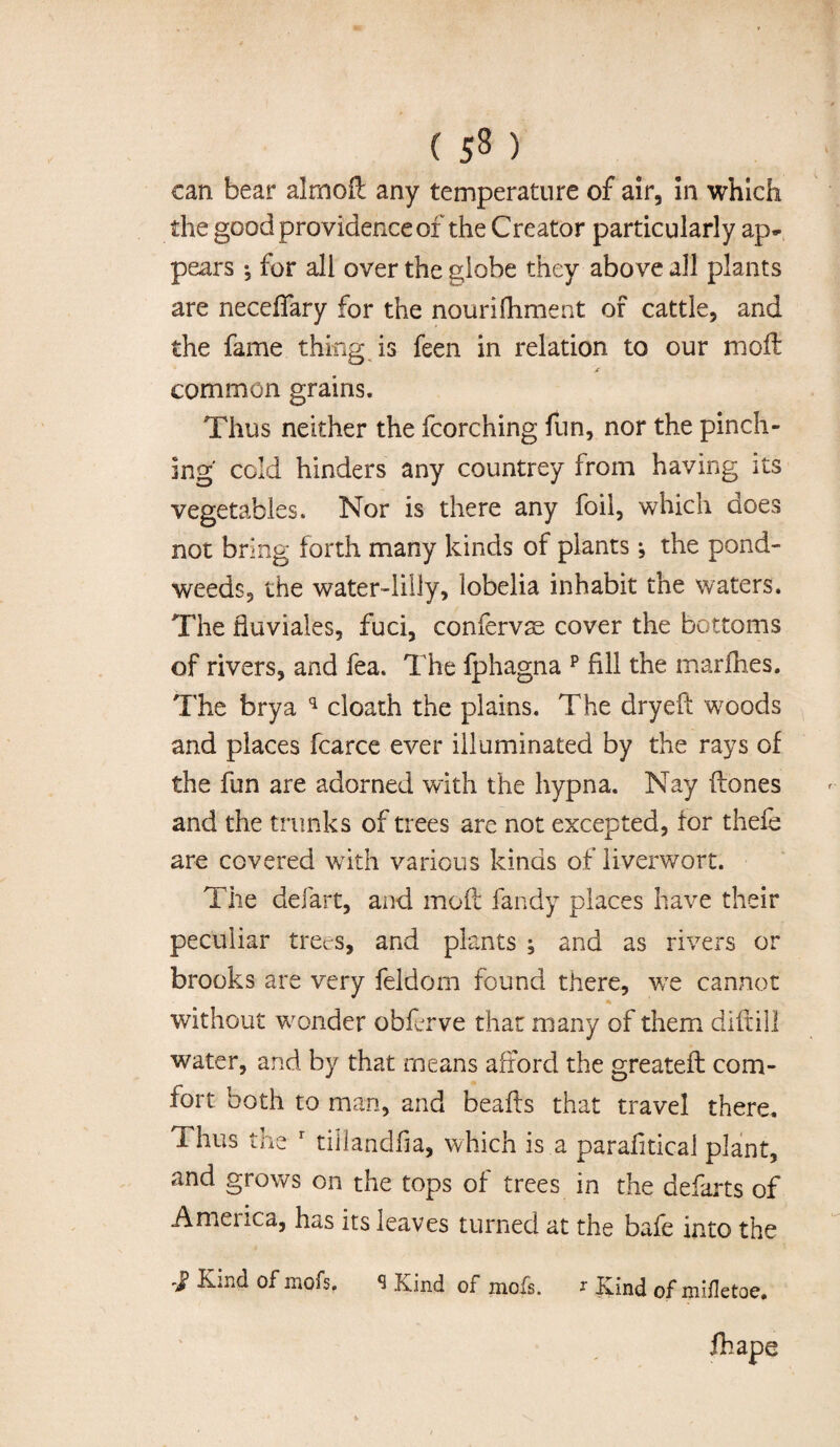 ( 5§ ) can. bear almoft any temperature of air, in which the good providence of the Creator particularly ap¬ pears *, for all over the globe they above all plants are necefiary for the nourifhment of cattle, and the fame thing is feen in relation to our moil common grains. Thus neither the fcorching fun, nor the pinch¬ ing' cold hinders any countrey from having its vegetables. Nor is there any foil, which does not bring forth many kinds of plants; the pond- weeds, the water-liily, lobelia inhabit the waters. The fluviales, fuci, confervas cover the bottoms of rivers, and fea. The fphagna p fill the marfhes. The brya q cloath the plains. The dryeft woods and places fcarce ever illuminated by the rays of the fun are adorned with the hypna. Nay flones and the trunks of trees are not excepted, for thefe are covered with various kinds of liverwort. The defart, and moft Tandy places have their peculiar trees, and plants j and as rivers or brooks are very feldom found there, we cannot without wonder obferve that many of them difrill water, and by that means afford the greatefl com¬ fort both to man, and beafls that travel there. Thus the r tillandfia, which is a parafitical plant, and grows on the tops of trees in the defarts of America, has its leaves turned at the bafe into the J Killd of ir*ofs' q Kind of mofs. r Kind of miflctoe. fhape